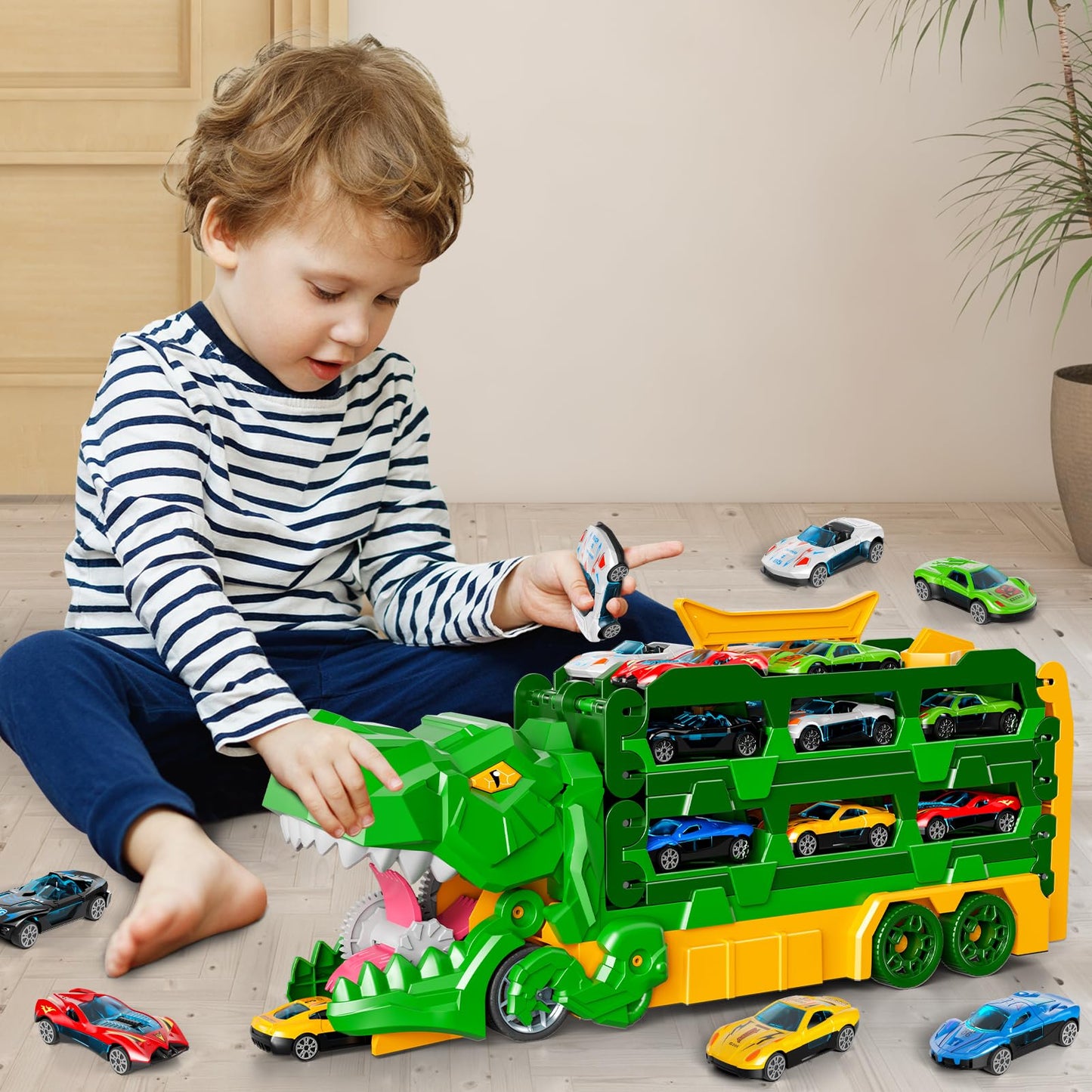 Ci vetch Dinosaur Race Track Toys for Ages 3-4 4-6, 59-inches Transport Dinosaur Truck with 12 Die-cast Cars, Carrier Truck Toy Birthday Gifts Toys for 3 4 5 6 Year Old Boy