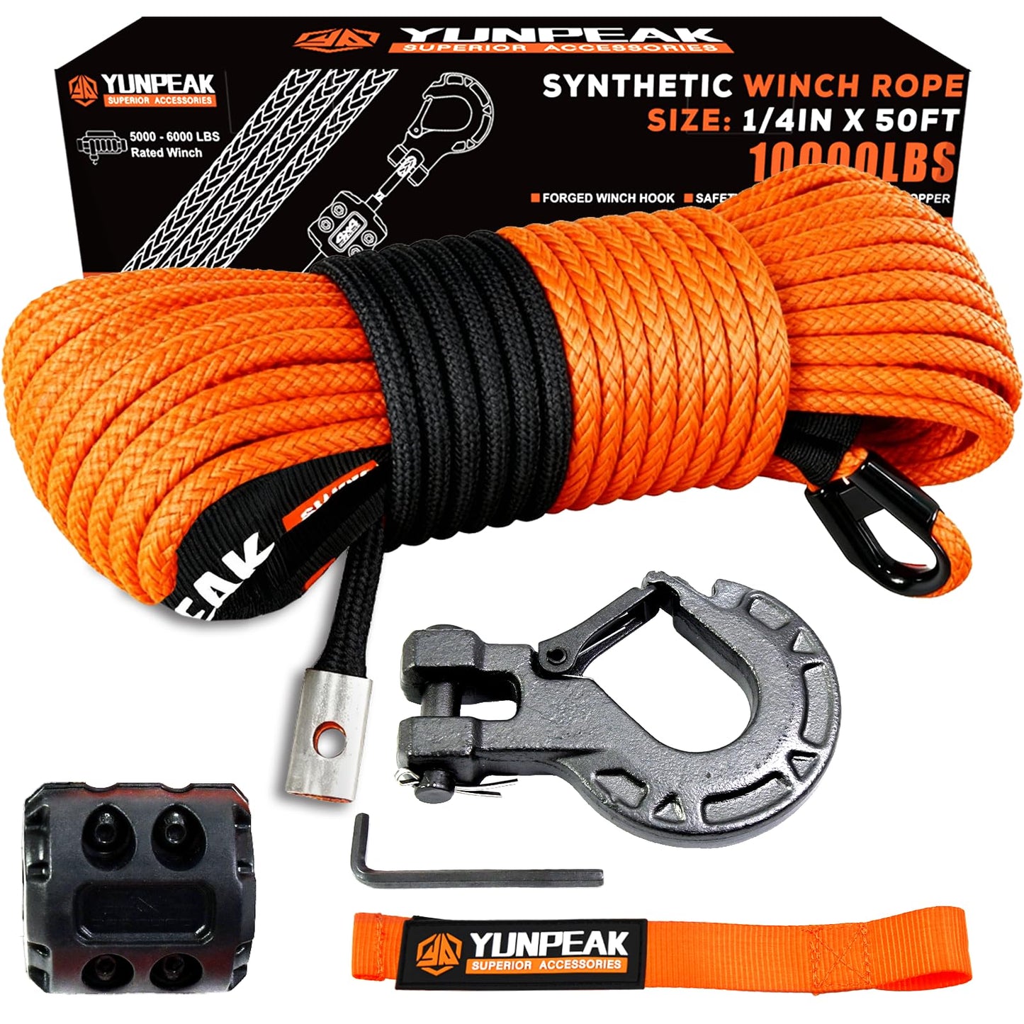 YUNPEAK Synthetic Winch Rope Kit, 1/4" x50 ft 10000LBS Winch Cable Replace Kit, with Protective Sleeve, Heavy Duty Hook, Rubber Stopper, Safety Pull Strap for Off-Road 4x4 Vehicles ATV UTV(Orange)