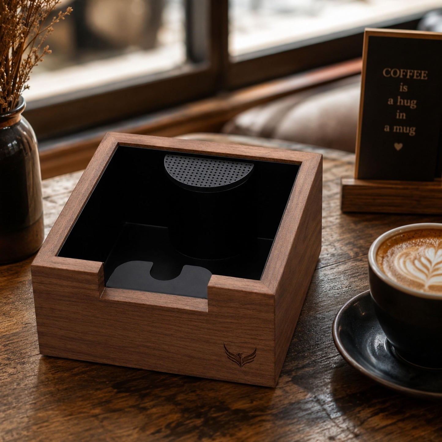 KNODOS Wooden Espresso Knock Box Walnut Dump Bin for Coffee Grounds Disposal Durable, Shock-Absorbent Espresso Machine Accessories, Easy to Clean Tamping Station