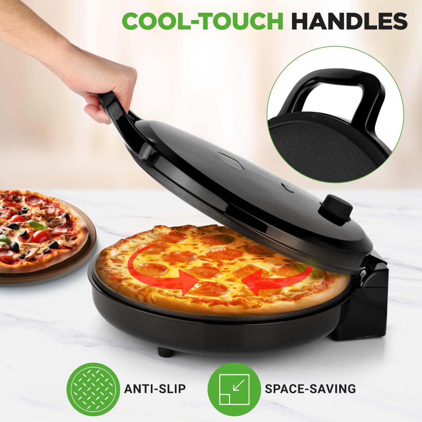 NutriChef Countertop Pizza Maker 1500W Non-Stick Electric Pizza Cooker Temp Control Handle Make 12" Pizzas, Eggs, Toast & More Cool-Touch Handles, Compact 175–400°F Black