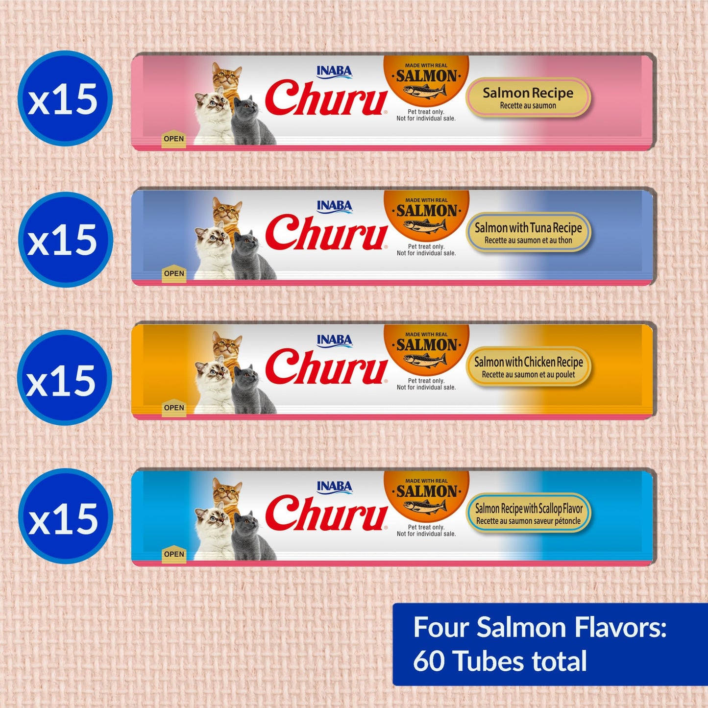 INABA Salmon Churu Cat Treats, Lickable, Squeezable Creamy Purée Cat Treat with Green Tea Extract & Taurine, 14 Grams Each Tube, 60 Tubes, Salmon Variety Box