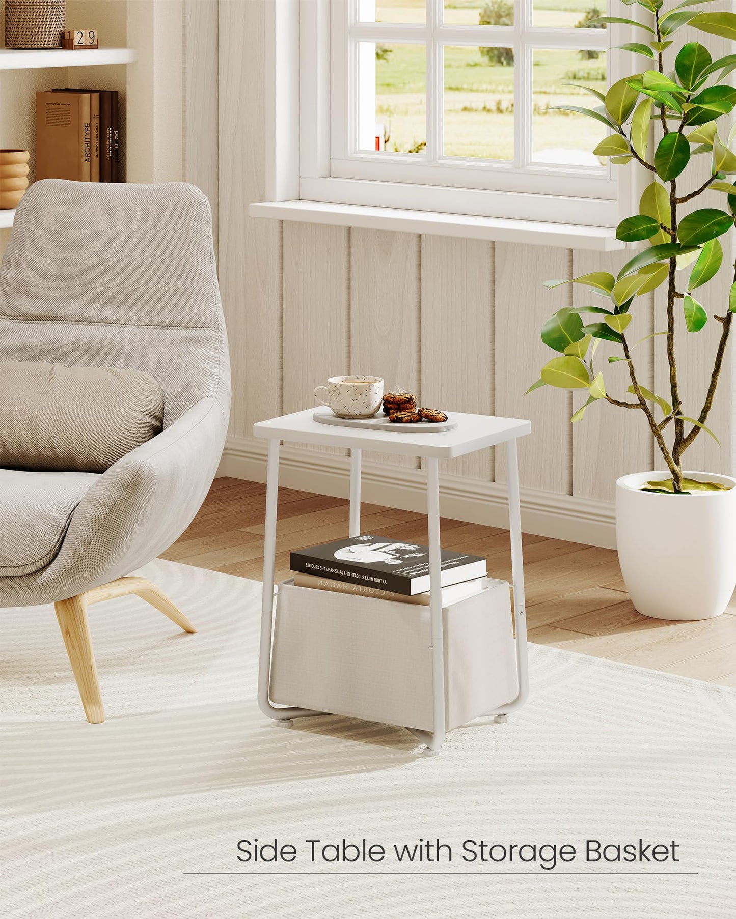 CHOEZON Side Table, Small End Table with Detachable Oxford Fabric Basket, Nightstand for Small Space, End Table, for Nursery, Living Room, Bedroom, White TBZ13WB