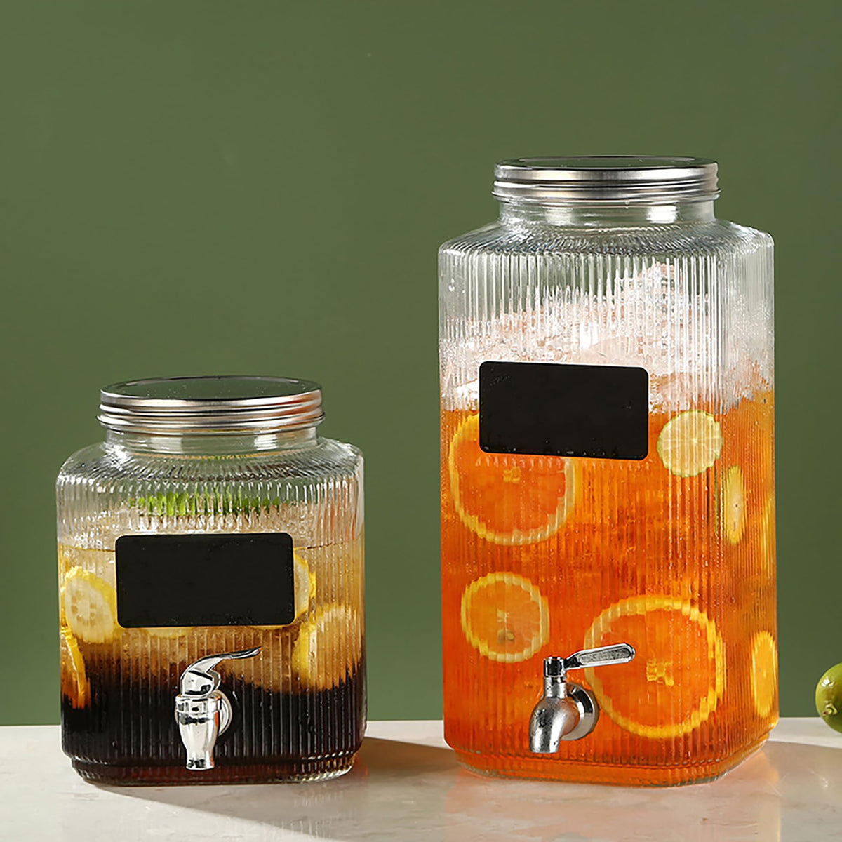 Lulonpon 2 x 4L(1.06 Gallon) Glass Drink Dispenser, Beverage Dispenser with Stainless Tap, Glass Water Juice Dispensers with Metal Stand, Water Jug with Tap Perfect for Parties,Weddings,Birthdays