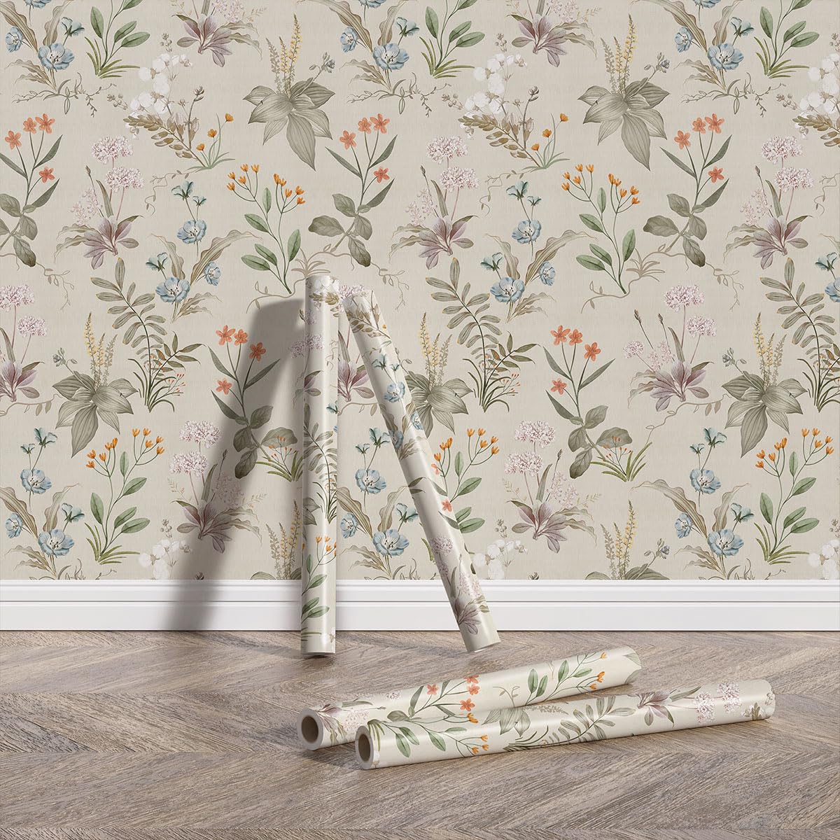 GaliGali Floral Peel and Stick Wallpaper, Farm Floral Wallpaper, Wildwood Flower Self-Adhesive Wallpaper, Beige Floral Removable Contact Paper for Home Bedroom Kitchen Decor, 17.3"x393", CA.A00090C-10