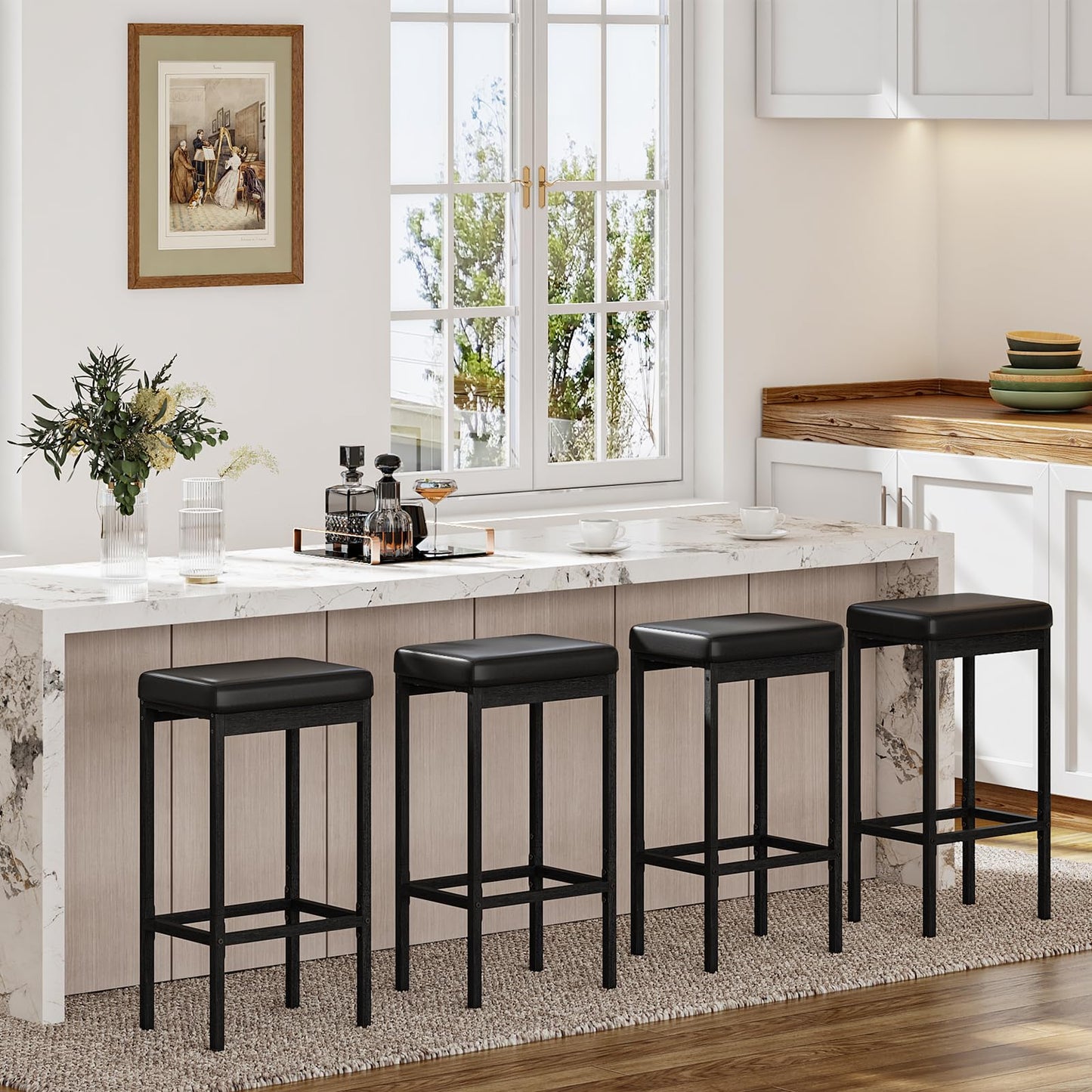 HOOBRO Bar Stools, Set of 2 Bar Chairs, 63 cm Height Stools, Breakfast Bar Stools, Kitchen Bar Chairs, 5 cm Thick Upholstery, for Kitchen, Dining Room, Cafe, Bar Counter, Black BB21BY01