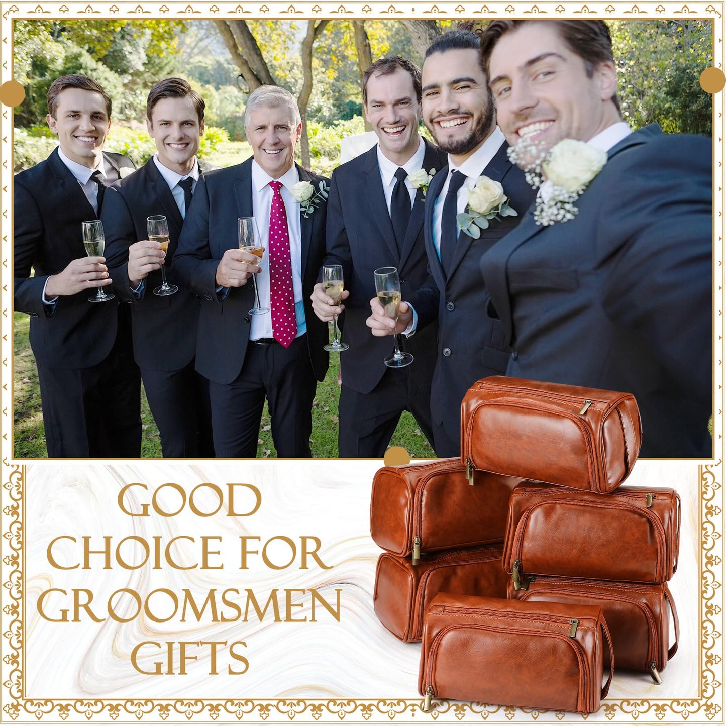 Aliceset 6 Pcs Groomsmen Gift Groomsmen Toiletry Bags Set of 6 Leather Toiletry Bag for Men with Hook Leather Wedding Proposal Bag with Side Handle Father Gift(Brown)