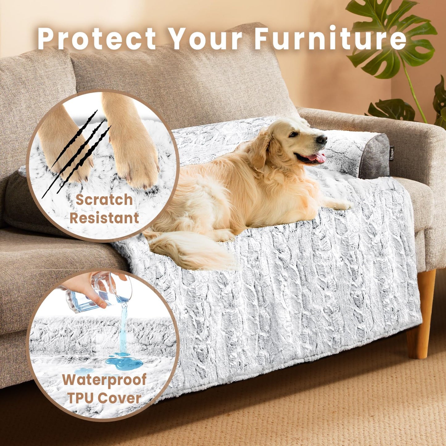 blunique Faux Fur Dog Couch Bed for Large Dog, Waterproof Dog Bed for Couch Protector, Calming Dog Bed Washable with Memory Foam for Pet Sofa Cover, Medium 35x31 Inches