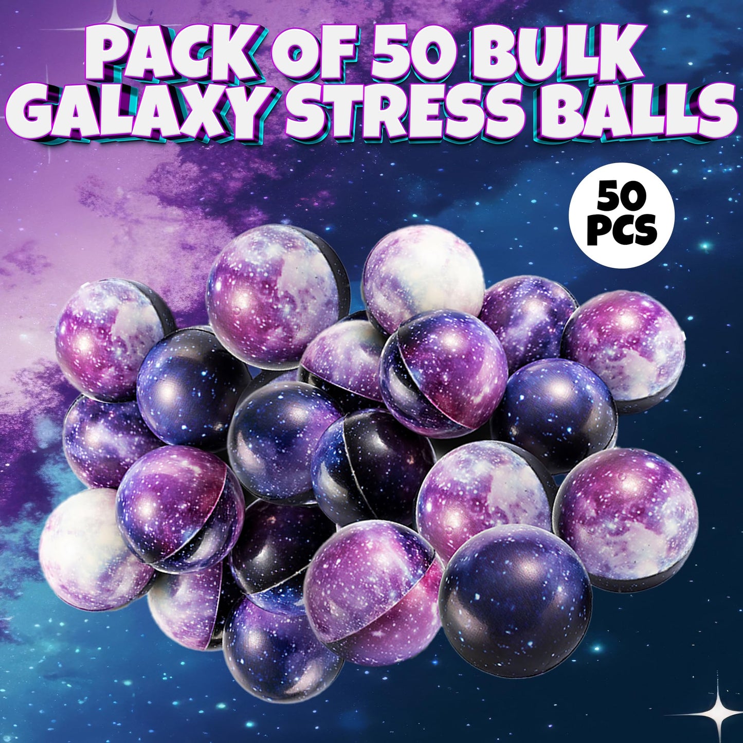Galaxy Stress Balls for Kids - Pack of 50 Bulk - Squeeze Anxiety Fidget Sensory Balls for Children with Outer Space Theme, Great Toys for Party Favors and Birthday Party Supplies