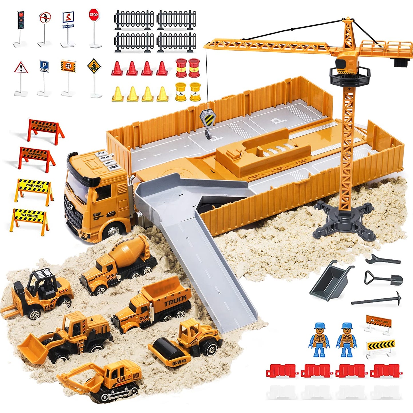OR OR TU Construction Truck Car Toys Beach Vehicle Toys Kids Engineering Car Set with Crane,Forklift,Bulldozer,Excavator,Roller,Cement Truck,Dumper Birthday Gift for 3 4 5 6 Years Old Boys Girls Kids