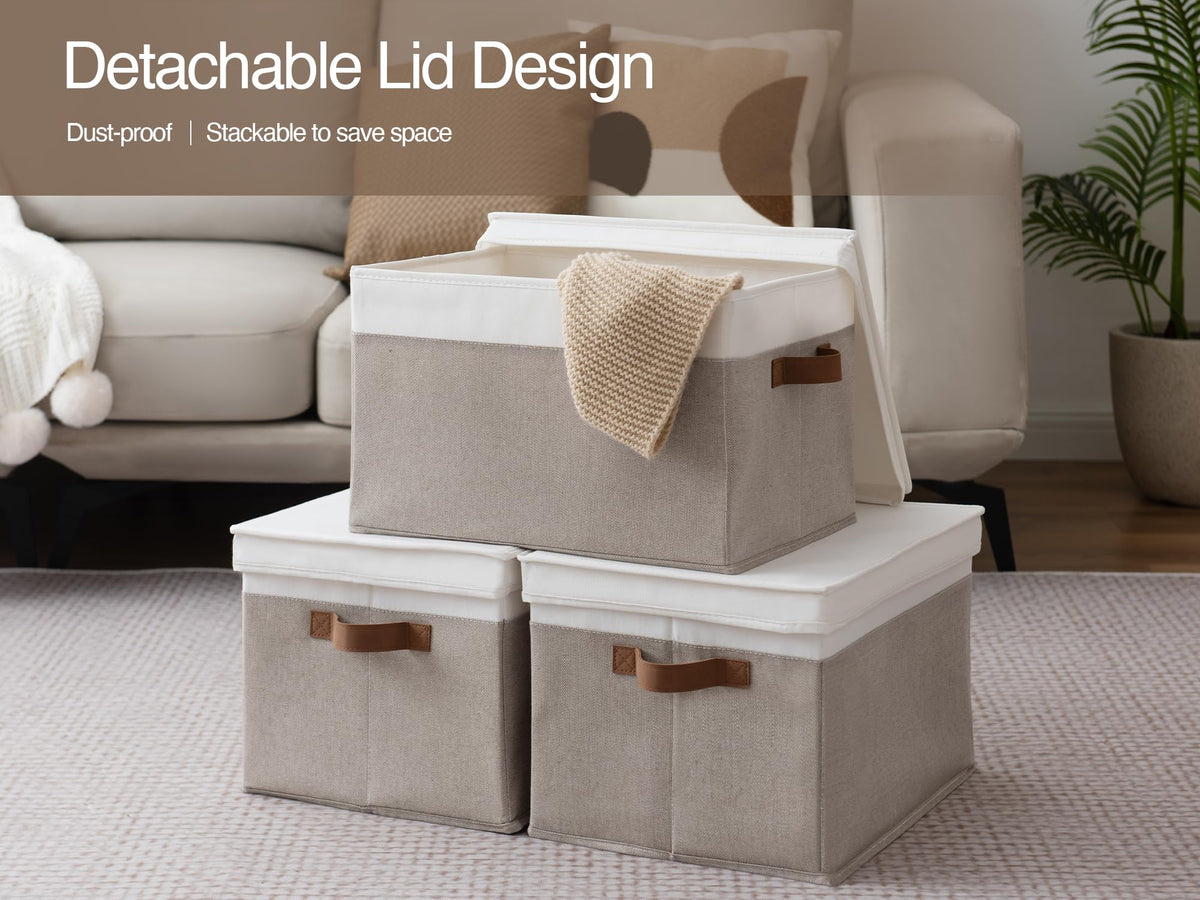 StorageWorks Lidded Large Storage Bins, Foldable Closet Basket with PU Sewn Handles, Decorative Boxes for Clothes, Blankets, Brown and White, Jumbo, 3-Pack