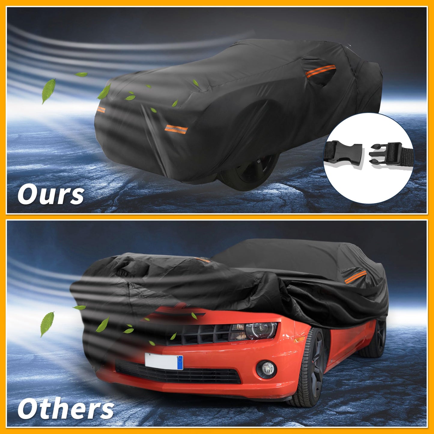 Partuto Car Cover Waterproof All Weather Sun Rain Protection Full Exterior Cover for Chevrolet Camaro Black with Left Side Zippers