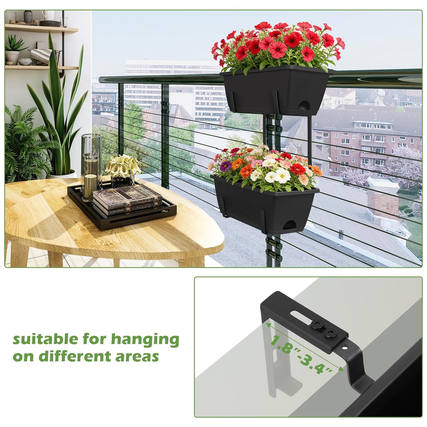 Railing Planter Boxes 2 Pack Window Boxes Planters with 2-Tier Adjustable Brackets, 16.9’’ Black Deck Railing Planter Boxes Vertical Balcony Hanging Flower Pots for Fence Rail Porch Garden Decor