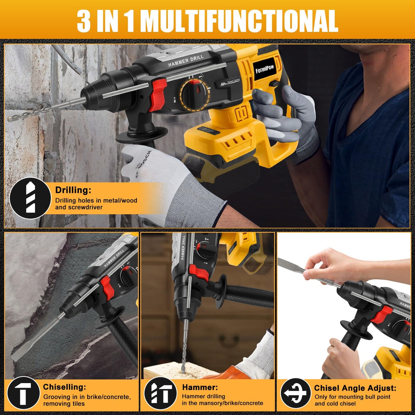 FormiPow SDS-Plus Rotary Hammer Drill for Dewalt 20V Battery, 2.6J Impact Brushless Hammer Drill with 4 Mode Operation, 360° Rotating Cordless Hammer Drills with 5 PCS Drill & Chisel Set (No Battery)