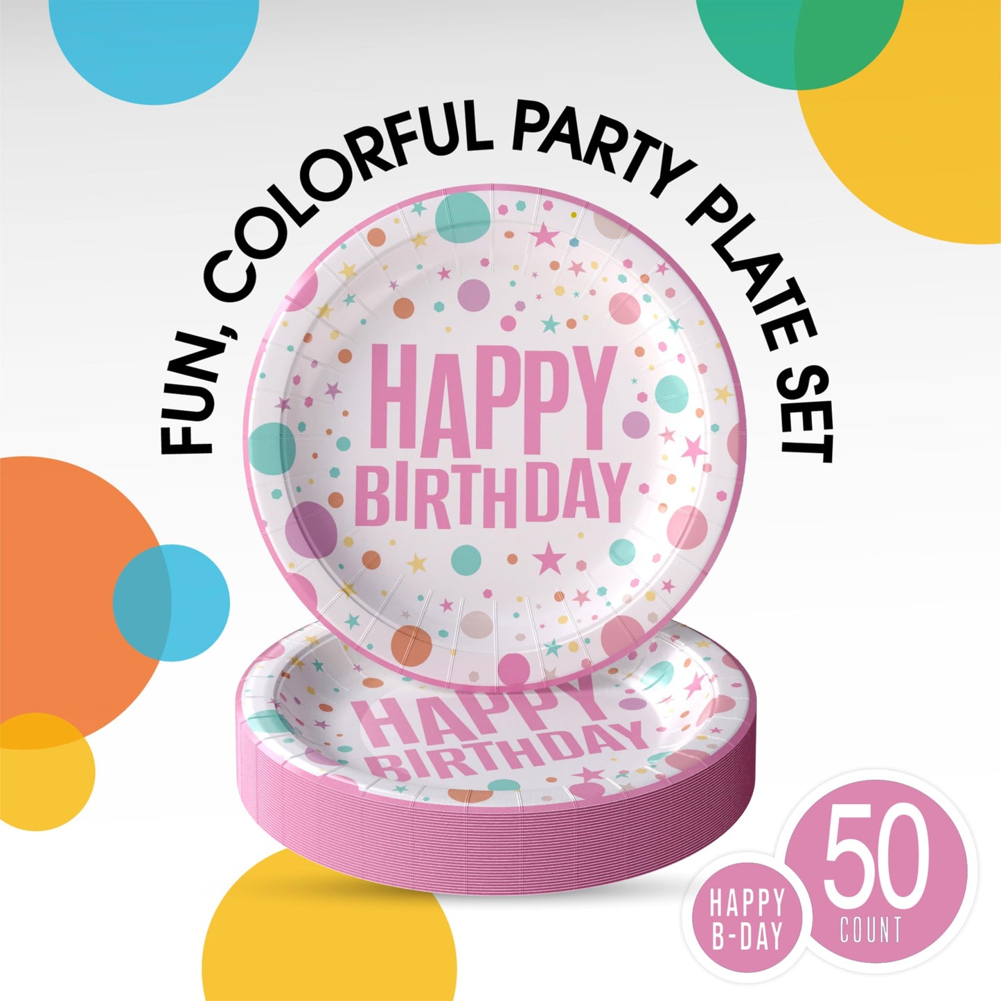 Exquisite Party Solids 9" Pink Happy Birthday Plates Paper Party Plates Disposable Heavy Duty 50 Pcs 350 GSM for Birthday Decorations