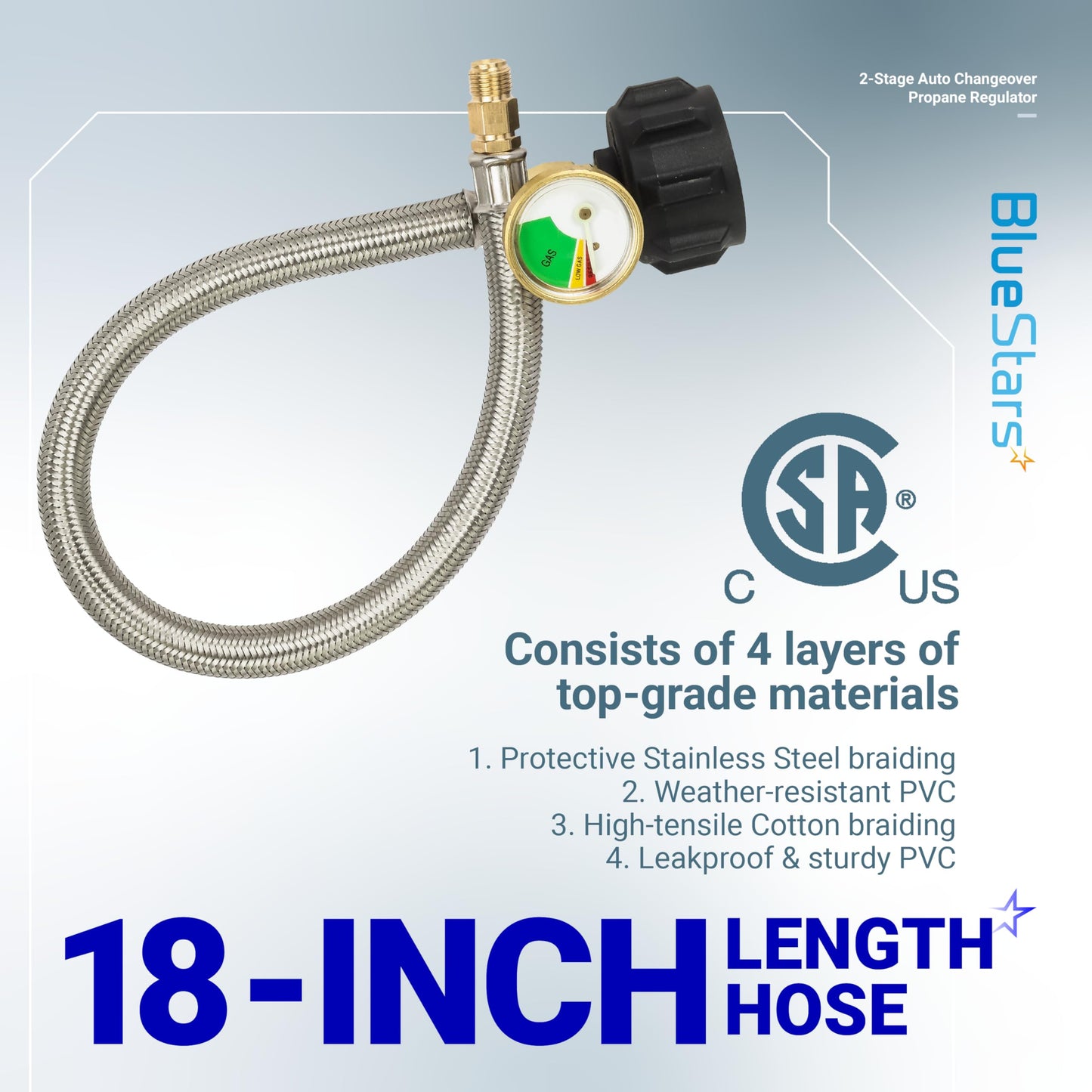 BlueStars [2025 Upgraded] RV Propane Regulator 2-Stage Auto Changeover, 2X 18Inch Pigtails & Gauge – for Dual Propane Tanks to Trailers, Campers, RVs, Stainless Braided QCC1 1/4" Inverted Male Flare