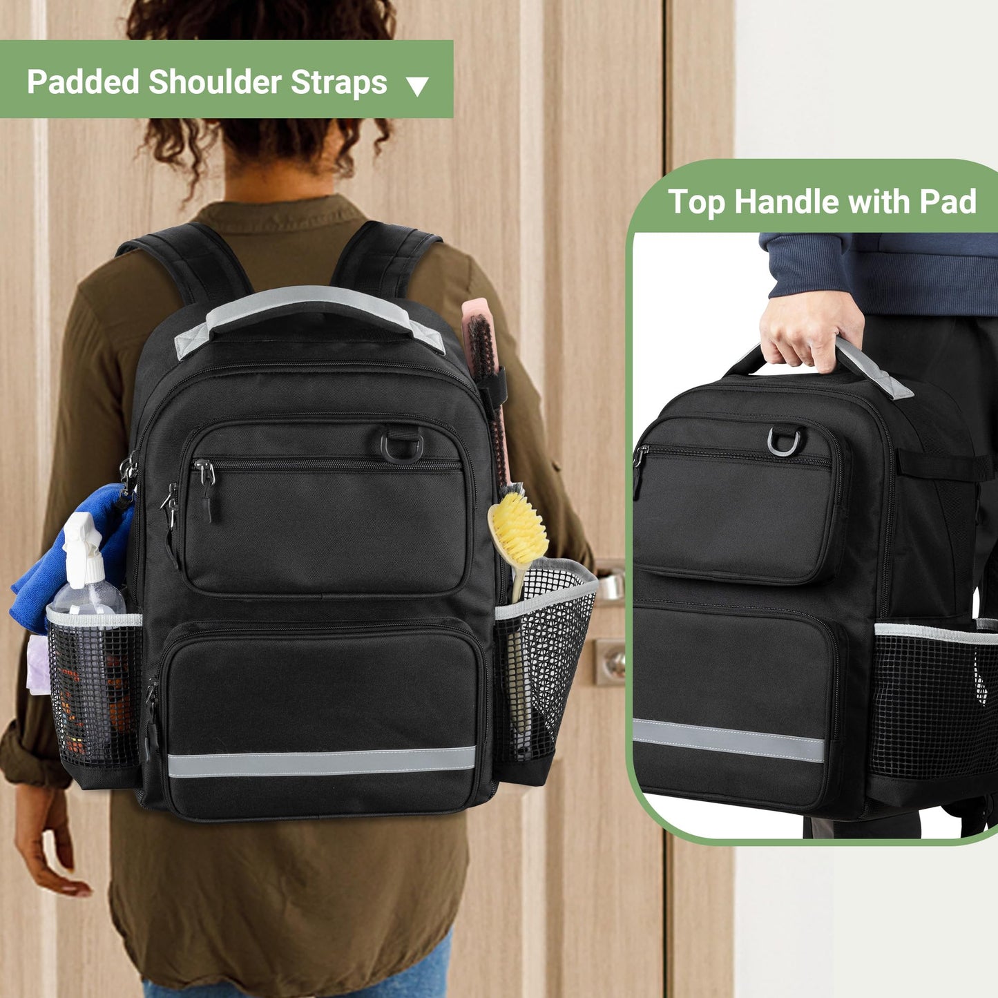 HODRANT Cleaning Backpack with Bottom Plate & Waterproof Bottom, Large Cleaning Supplies Bag with Multiple Pockets for Housekeeping Tools, Cleaning Products Caddy Organizer for Home & Car, Bag Only