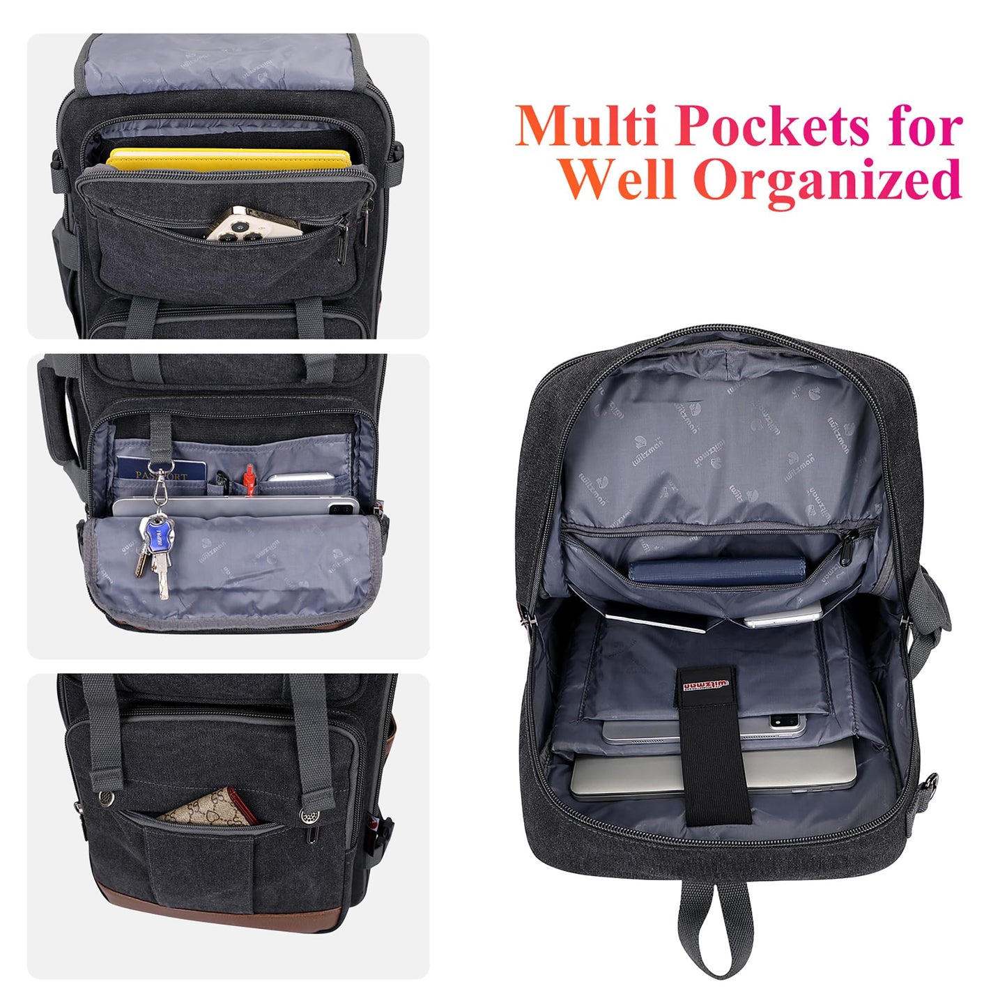 WITZMAN Canvas Travel Backpack for Men Large Laptop Backpack Fit 17 inch Carry-on Airline Approved Convertible Shoulder Rucksack(A6617-3 Black)