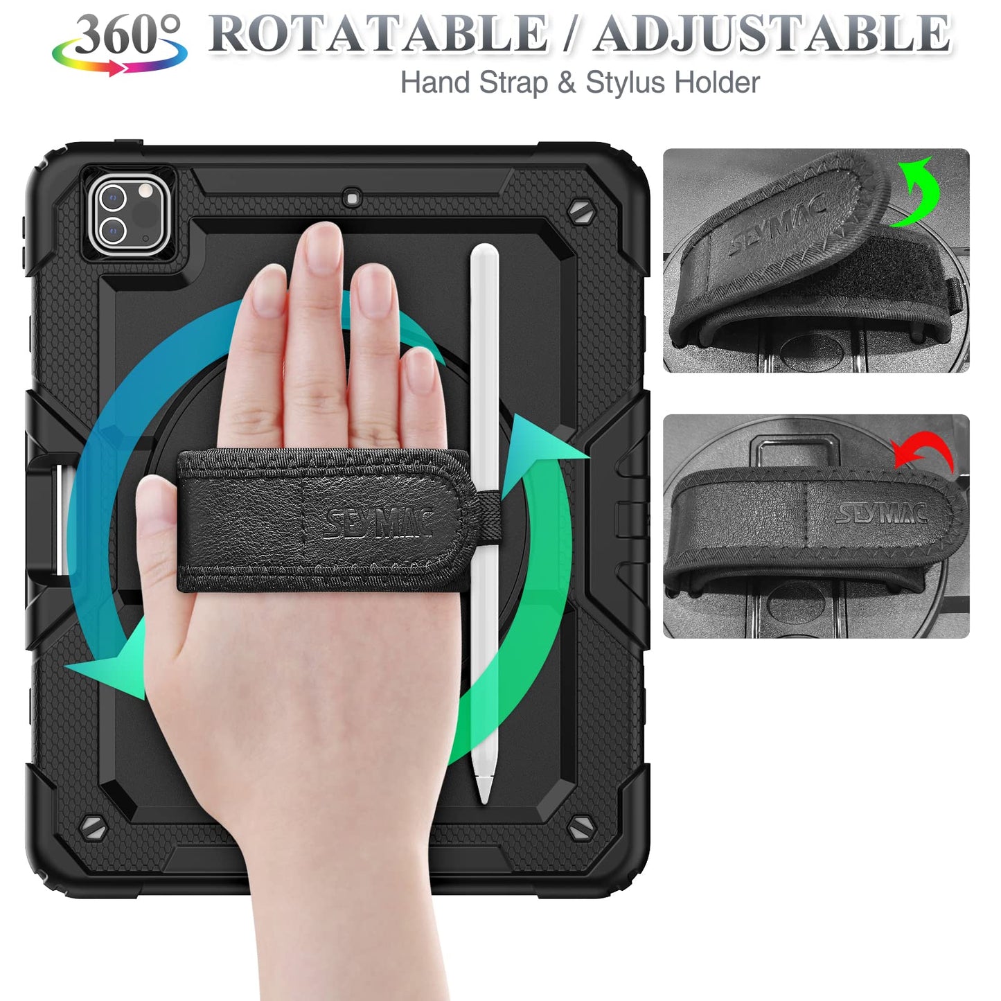 SEYMAC stock Case for iPad Pro 12.9 6th/5th/4th/3rd Gen with Screen Protector, Pencil Holder [360 Rotating Hand Strap] &Stand, Drop-Proof Case, Black