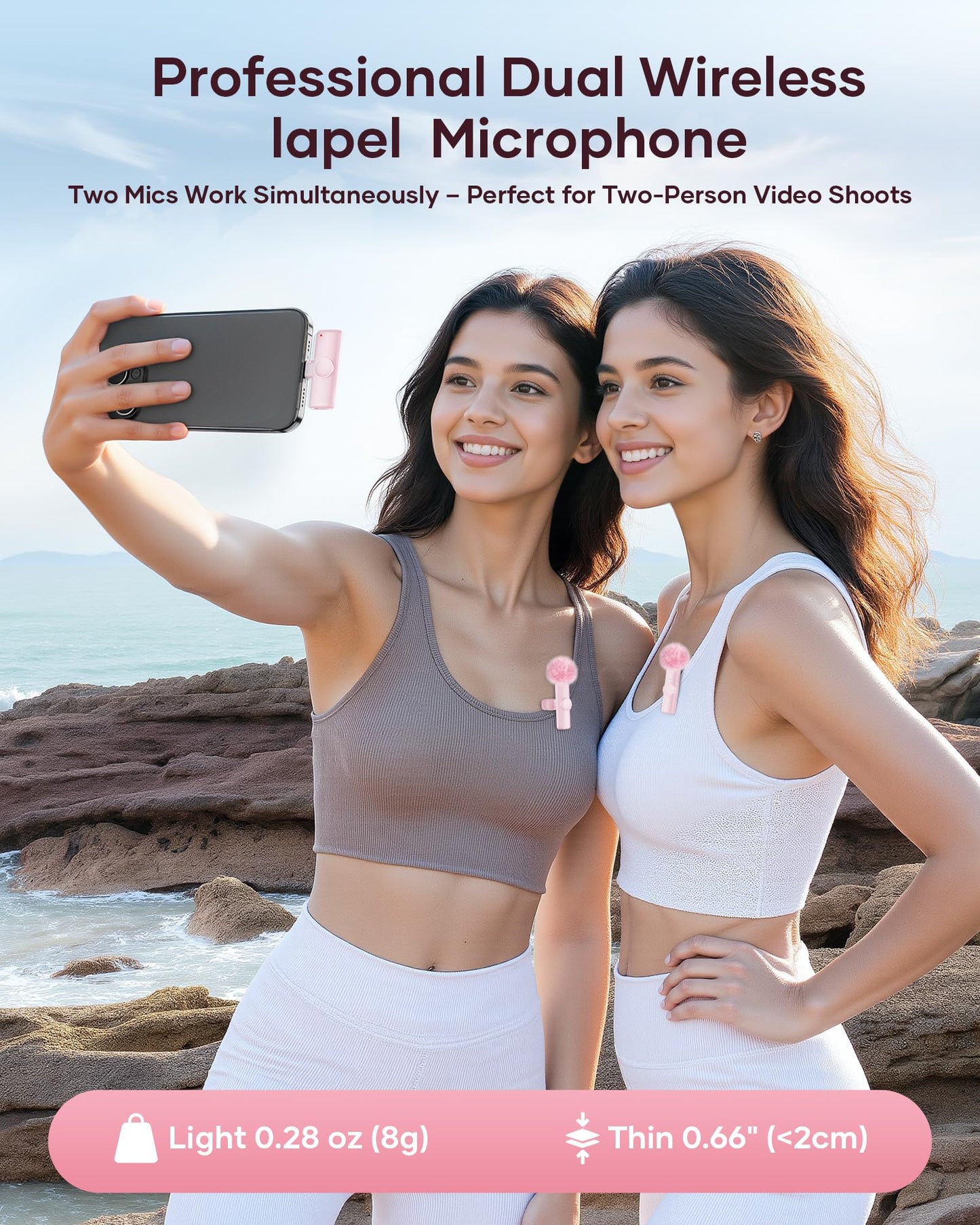 Wireless Lavalier Microphone for iPhone iPad and Android Phone, 2 Pack Lapel Mic with Noise Reduction,Plug and Play Wireless Mini Microphone for Video Recording Interview Podcast YouTube TikTok (Pink)