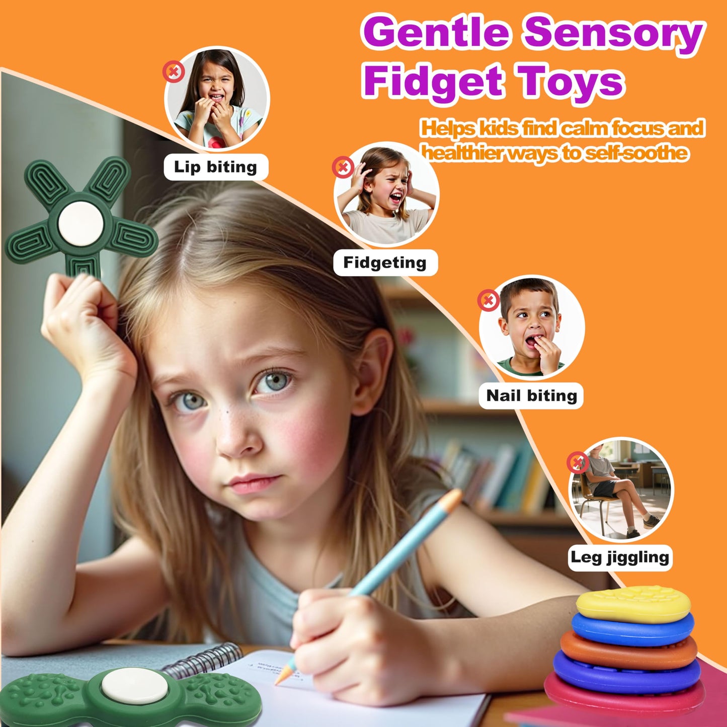 LIHBCAIYI Fidget Toys 16Pcs Sensory Worry Stone Kits Fidget Spinner Rings for Kids Adults Anxiety Stress Relief Autism ADHD Calm Down Toys Quiet Fidgets for Classroom Prizes