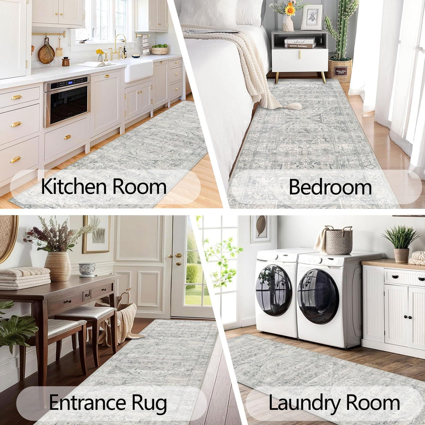 Homcomoda Hallway Runner Rug 2'x10' Washable Runner Rug Non Slip Long Runner Rugs for Hallway Boho Kitchen Runner Rug Distressed Carpet Runner for Hallway Entryway Bedroom, Grey/Beige