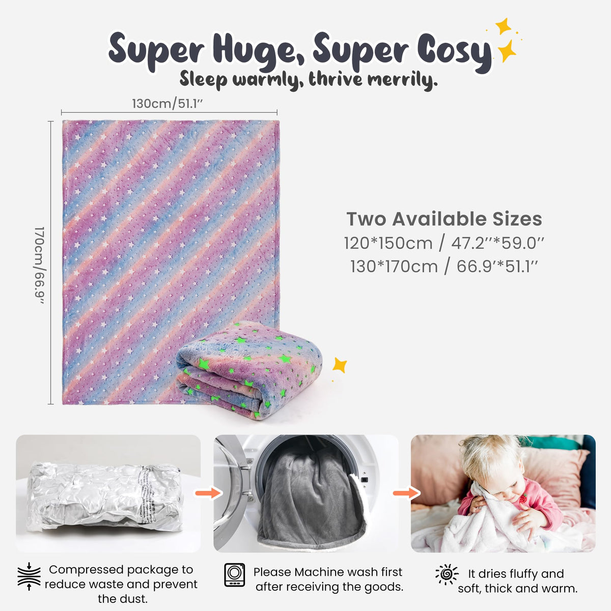 Winthome Glow in The Dark Throw Blanket for Kids Girls Boys, Super Soft Flannel Fleece Fluffy Cuddly Toddlers Blankets Large 51"x67" Cozy Fuzzy Plush Gifts All Seasons