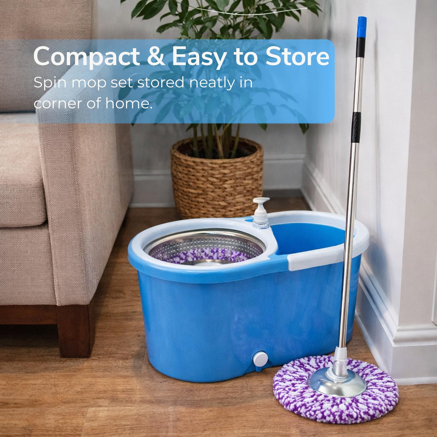 NESTLYF Spin Mop & Bucket Set Blue, 2 PCS Microfiber Mops with Stainless Steel Handle, Easy Self-Wringing System, Durable ABS Bucket, Deep Cleaning for Home Floors