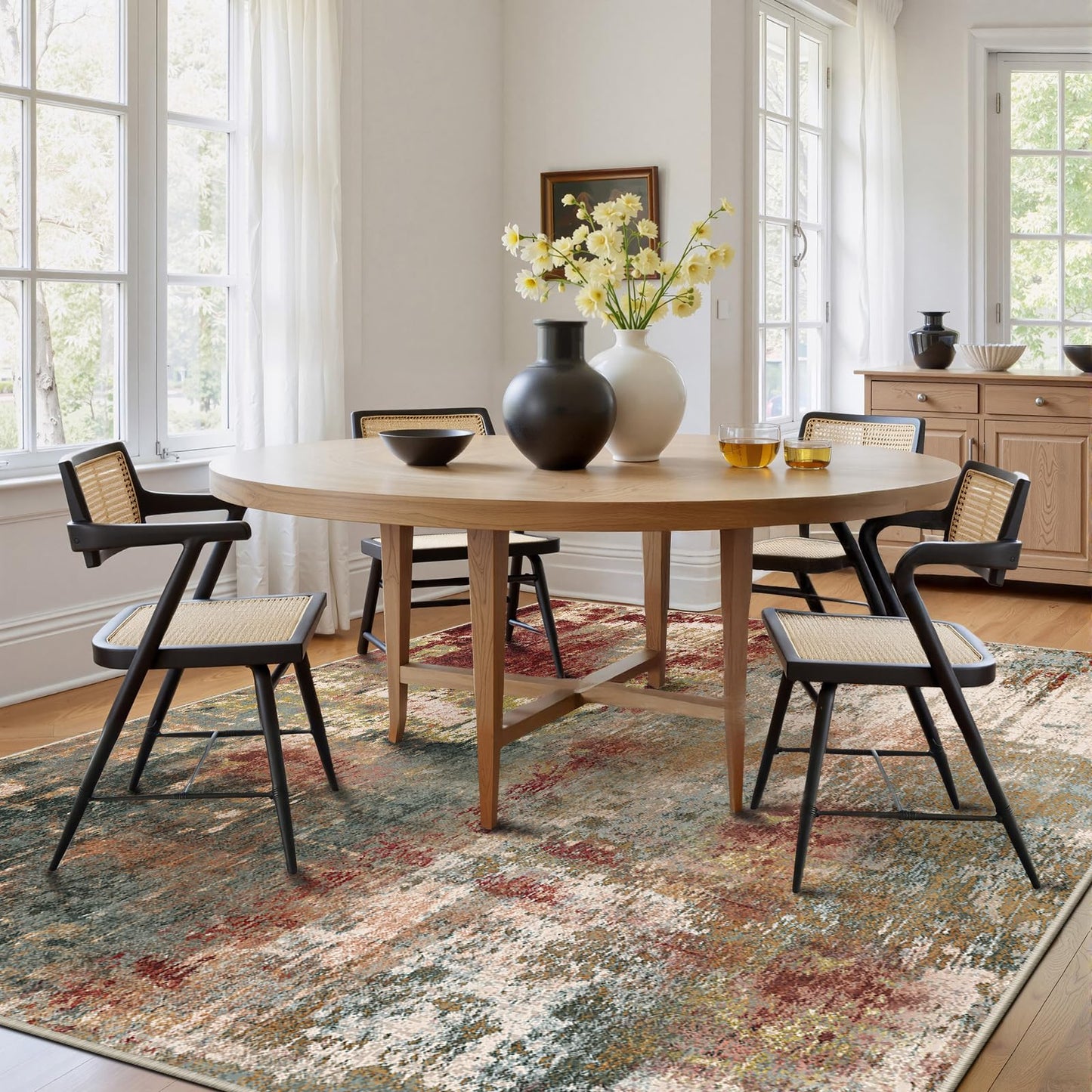RELEANY Washable Area Rug 5'x7' Non-Slip Indoor Modern Abstract Low Pile Soft Carpet Rugs for Living Room Bedroom Home Entryway, Print Pattern, Brown Rust Red Green Blue Multi