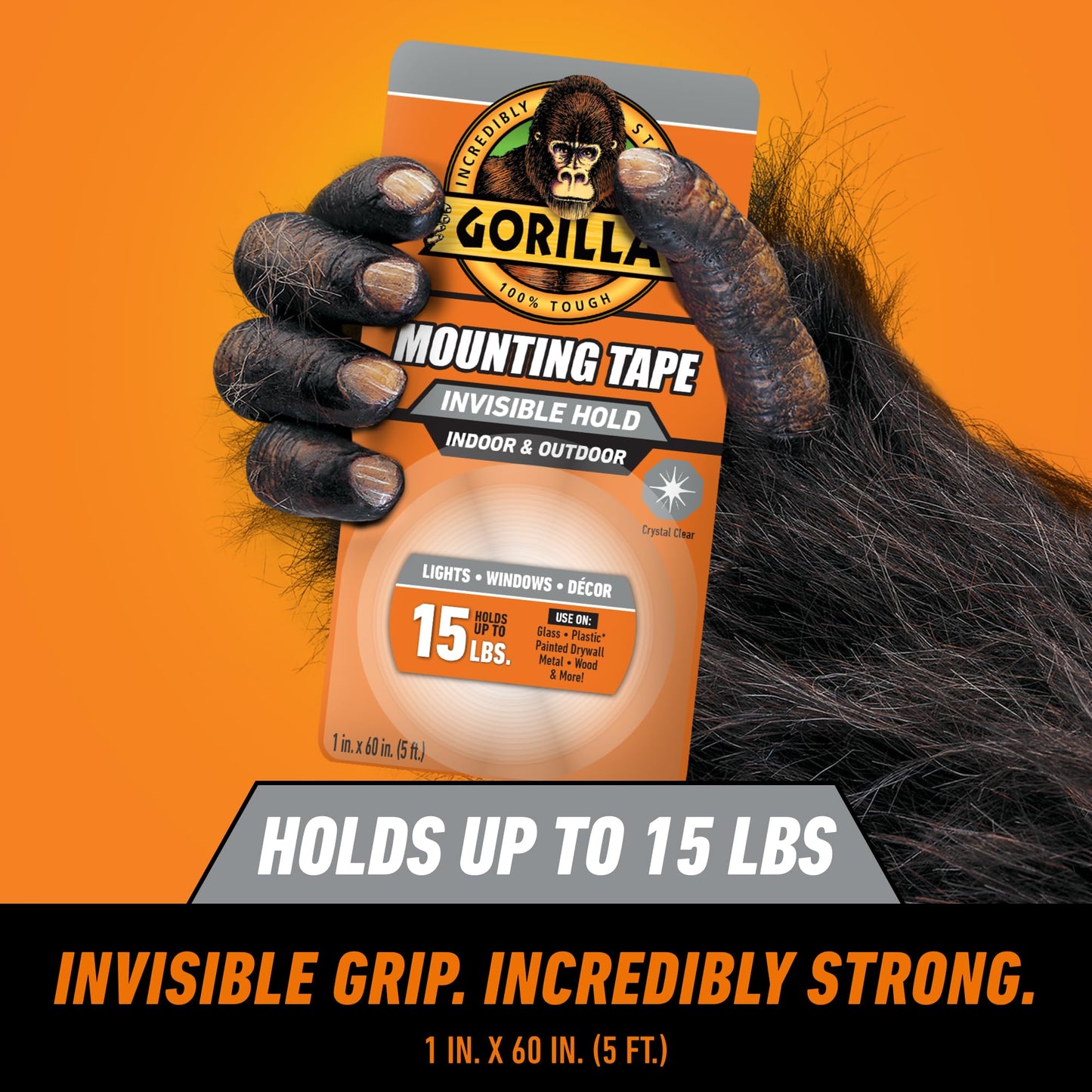 Gorilla Tough & Clear Double Sided Mounting Tape, Hanging, Instant 15lb Strong Hold, Permanent Bond, Weatherproof, 1 in x 60 in, Clear, (Pack of 2), (Packaging May Vary)