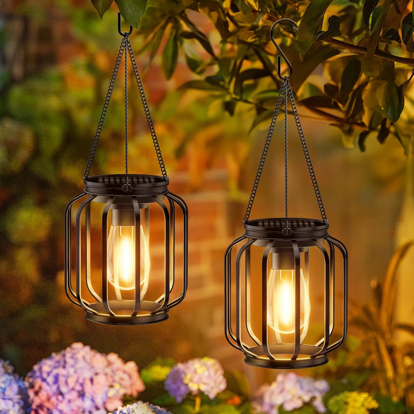 KOOPER Solar Lanterns Outdoor: 2 Pack Metal Solar Hanging Lanterns with Hook, Bright Waterproof LED Lanterns for Outside, Classic Decorative Solar-Powered Light for Yard Garden Patio Porch Decor