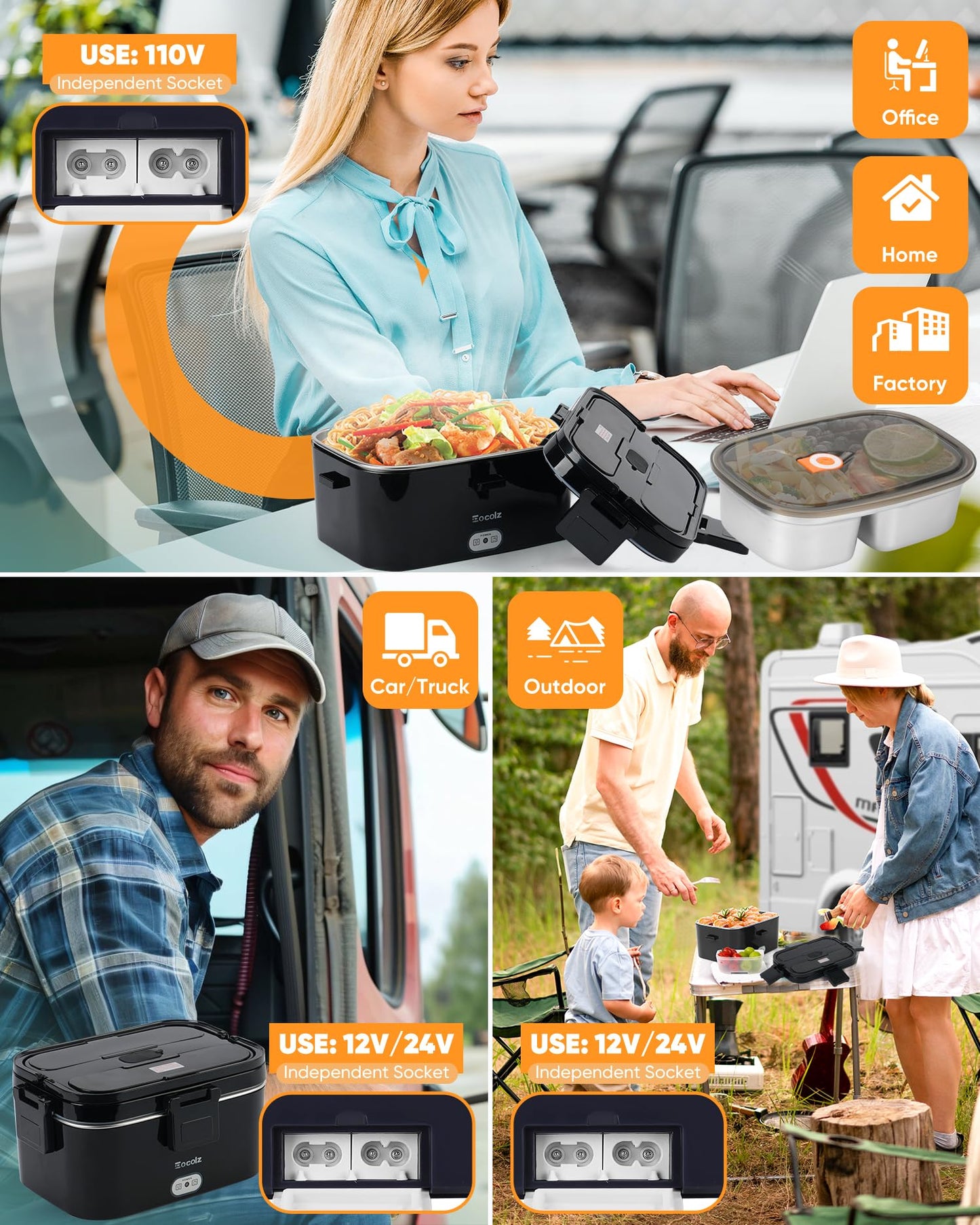 Electric Lunch Box Food Heater - 100W Fast Heating Lunch Box 12V/24V/110-230V Warming Lunchbox, Dual 1.8L Containers, Portable Food Warmer for Car/Truck/Travel, with Spork & Carry Bag (Black)