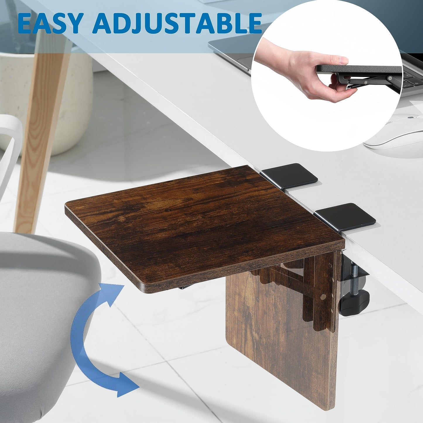 ETHU Armrest Support Desk Extender Tray - Compact 9.4"x9" Foldable Armrest Shelf with Wrist Rest, Clamp On Ergonomic Platform for Office Desk, Walnut
