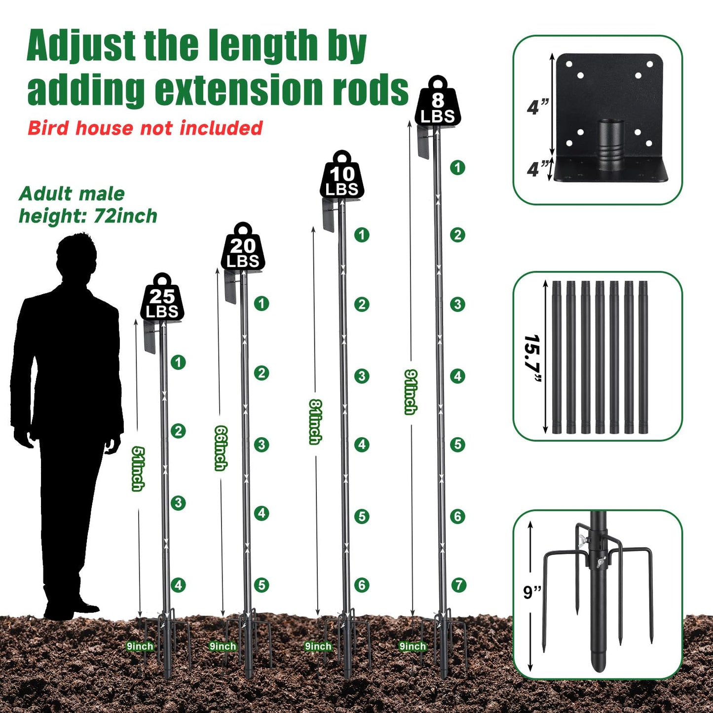 Bird Feeder Pole, 105" Squirrel Proof Feeder Stand with 5-Pronged Base, Outdoors Heavy Duty, Adjustable, Black Bird House Pole