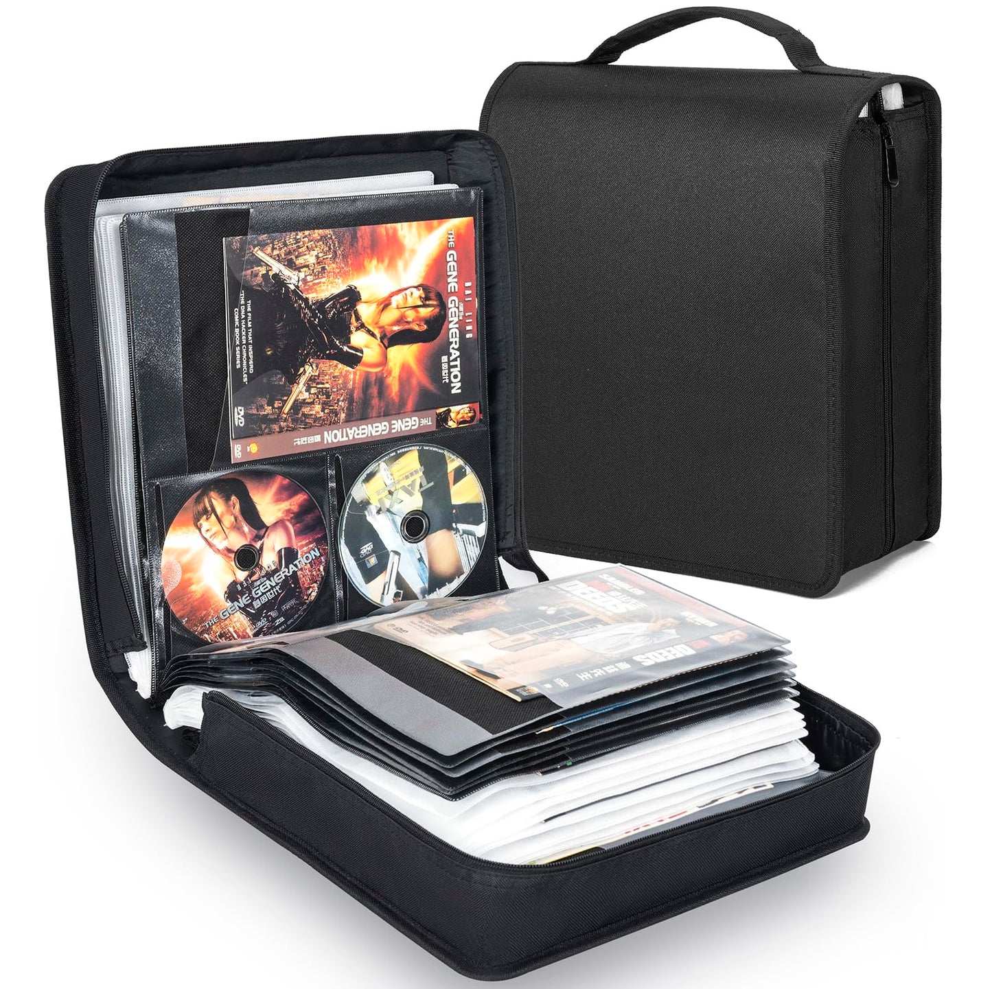 AKOZLIN DVD CD Storage Case with Extra Wide Title Cover Pages Portable Carrying Binder Holder Wallet Album DVD Case Protective Movie Media Storage Organizer 200 Disk Units, 100 Booklet Pockets,Black