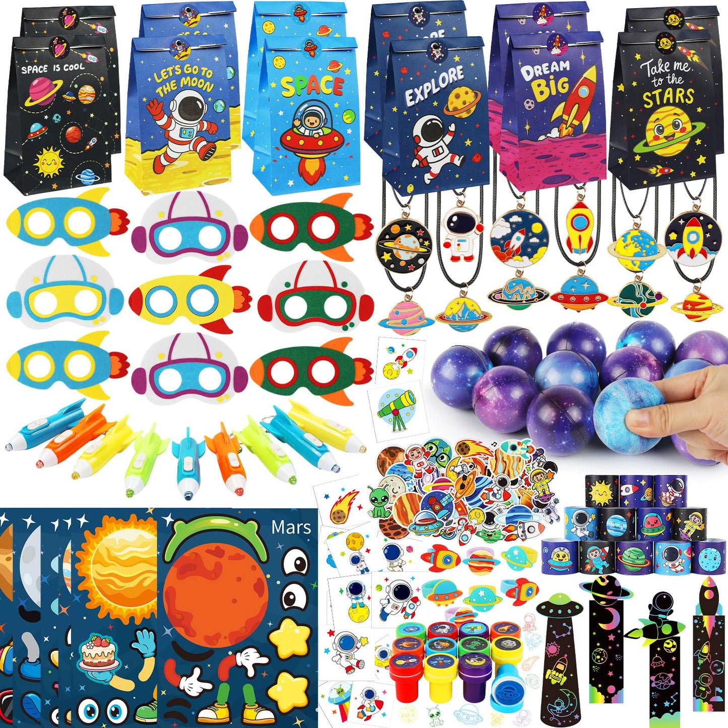 Space Party Favors, Birthday & Party Decorations - 254 PCS Outer Space Goodie Bag Stuffers Fillers for Kids with Astronaut Toys, Stickers, Stress Balls, Masks and Necklaces