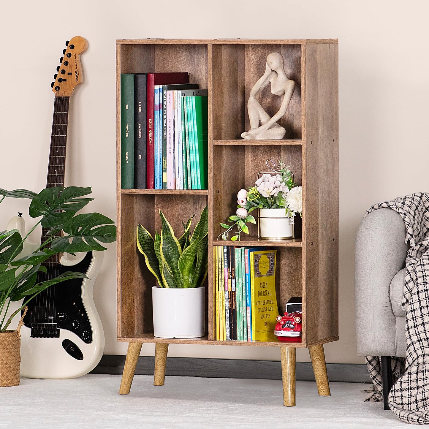 LEYAOYAO Wooden 5 Cube Bookshelf, Oak 3 Tier Book Shelf with Legs, Modern Open Storage Boho Organizer Bookcase,Display Cabinet Shelf Free Standing Bookshelves for Bedroom,Living Room,Study