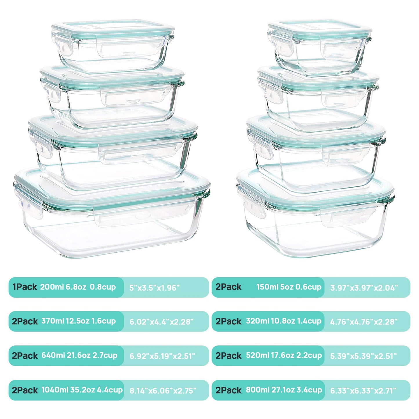 Vtopmart 15 Pack Glass Food Storage Containers, Meal Prep Containers with Lids, Airtight Glass Bento Boxes with Leak Proof Locking Lids, for Microwave, Oven, Freezer and Dishwasher, Green