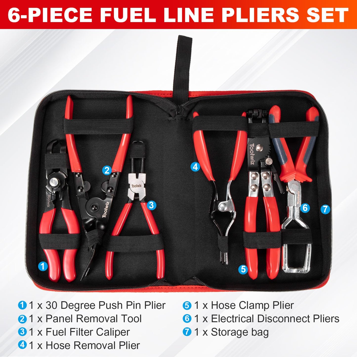 Toolwiz 6 pcs Fuel Line Pliers Set, Hose Clamp Plier, Panel Removal Tool, Hose Removal Plier, 30 Degree Push Pin Pliers, 2 pc 9" Electrical Disconnect Tool for Automotive Repair with Storage Bag