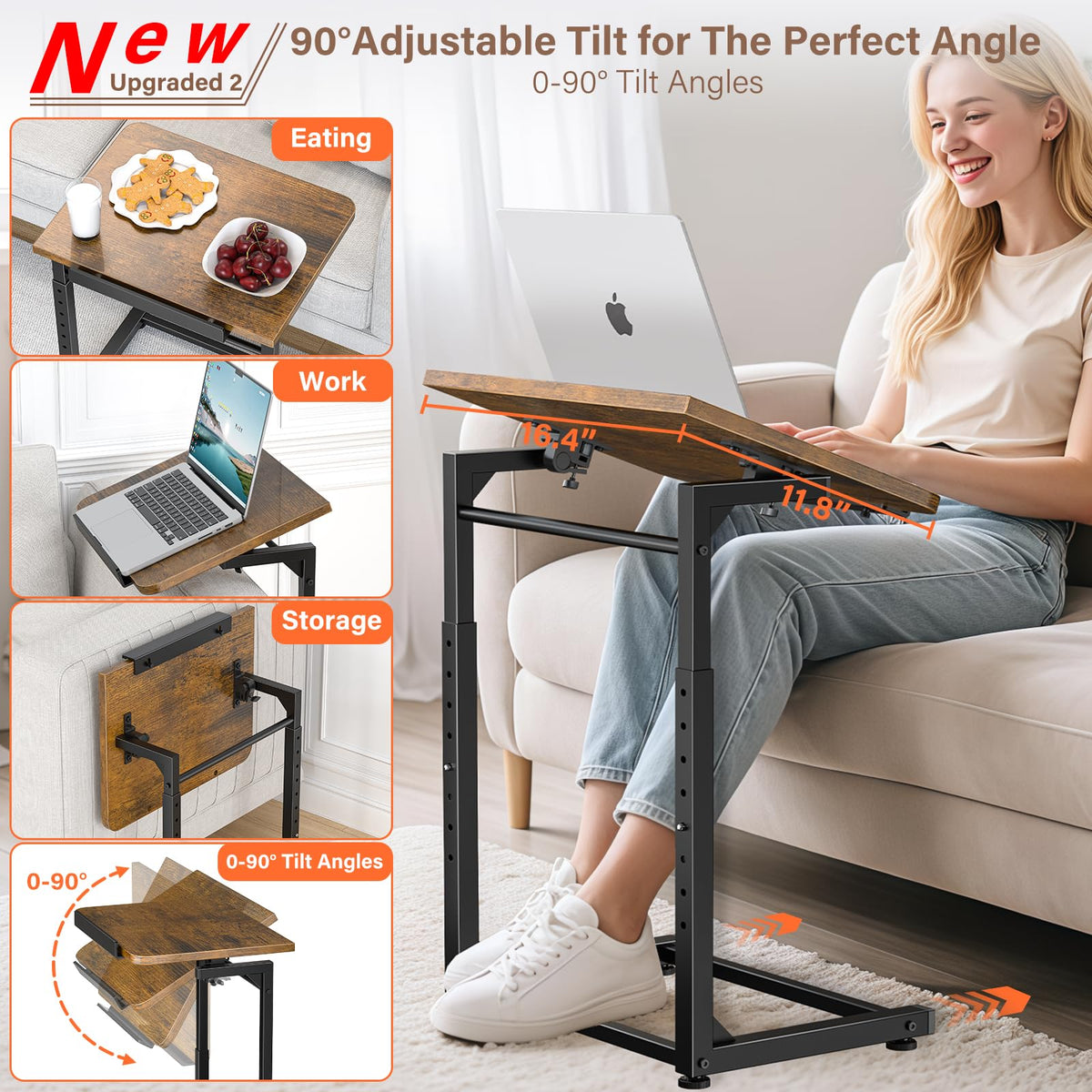 Tv Tray Table, 8-Level Adjustable Height Couch Side Table，90° Tilt Angle Adjustments C-Shaped End Table, with Phone & Tablet Slot Sofa Computer Desk for Couch, Sofa, Bed, Chair, Living Room (Brown)