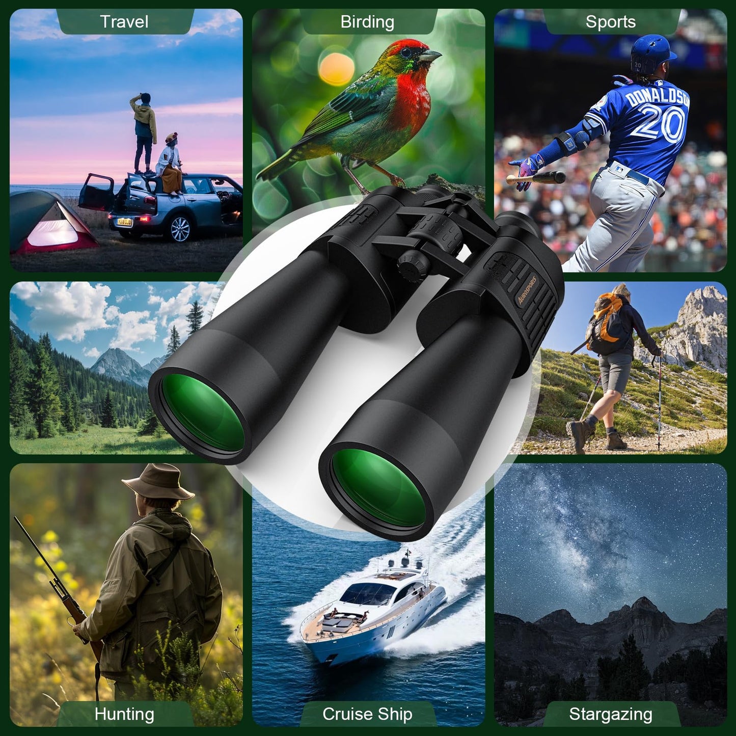 Binoculars for Adults High Powered - Aurosports 20x70 Binoculars for Bird Watching - Clear Low Light Vision for Hunting Travel Hiking Outdoor Sports Cruise