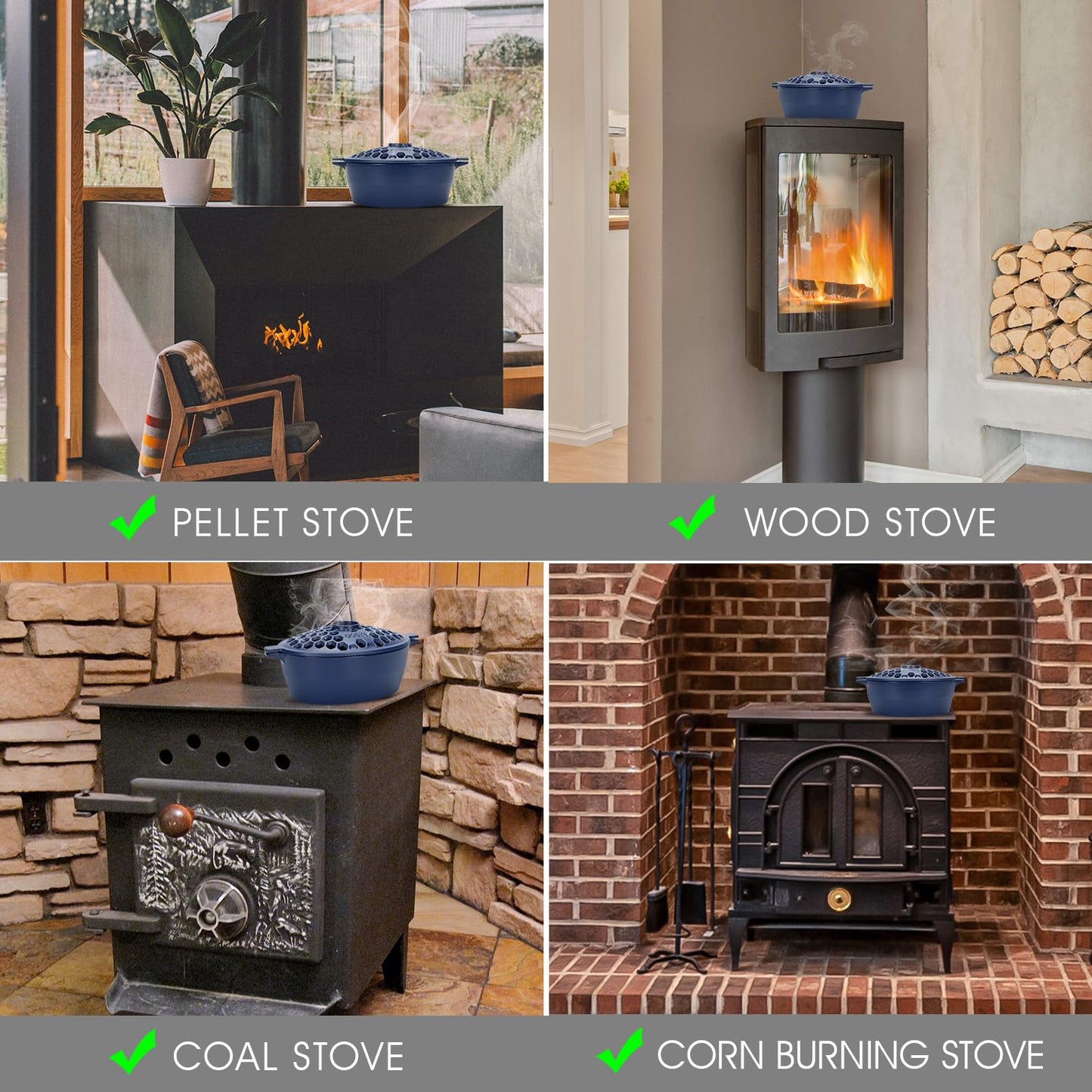 STBoo Wood Stove Steamer - Cast Iron Fireplace Humidifier | Indoor Pot for Home Heating | Bowl Fire Place Stove Covers Accessories Decorative | Matte Finish & Rust Resistan & 2.7 Quart, Blue
