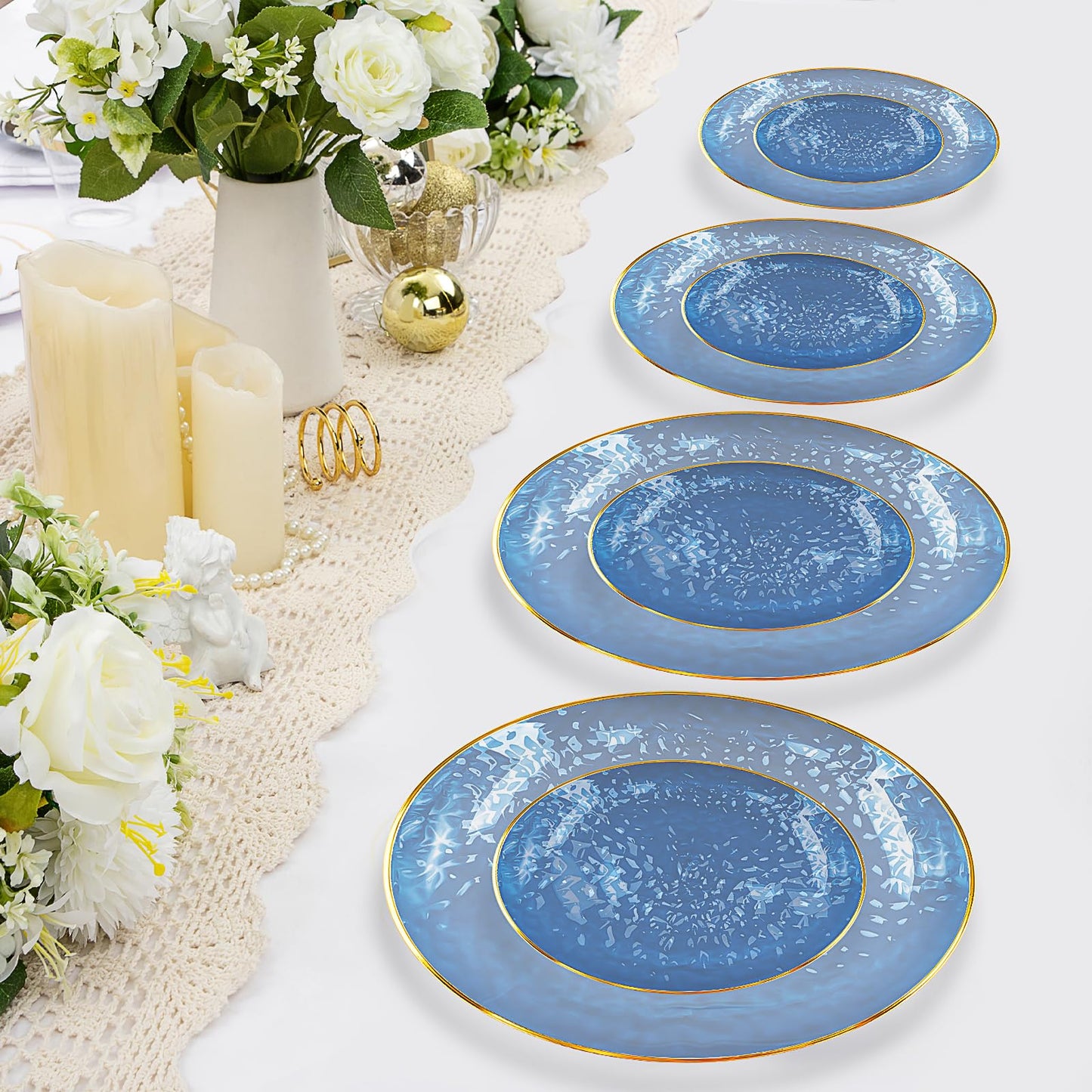 100 Pcs Clear Blue Plastic Plates, Fancy Disposable Plates with Gold Rim Include 10 inch, 7 inch Dinner Dessert Plate for Party Wedding