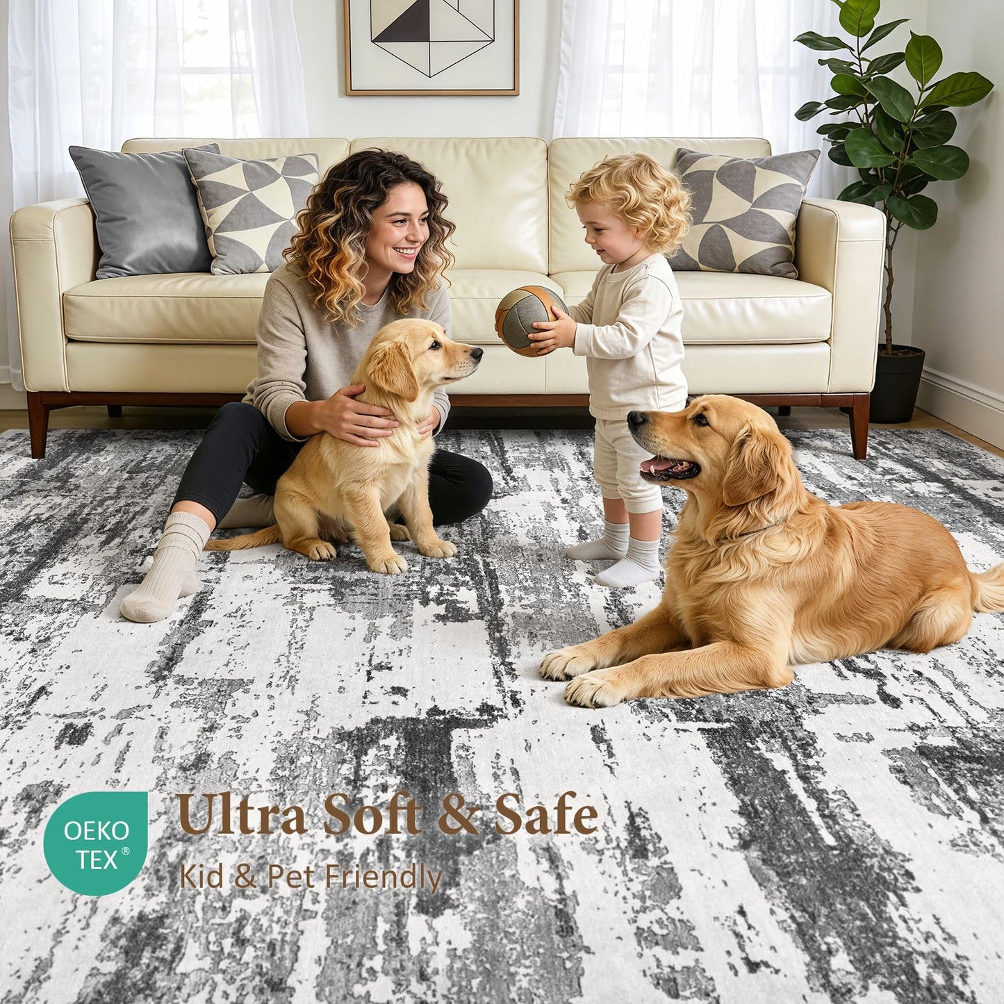 Area Rugs for Living Room: 5x7 Abstract Washable Rug Modern Neutral Large Soft Stain Resistant Non-Slip Backing Machine Table for Bedroom Dining Room Indoor Home Office Carpet - Black Grey