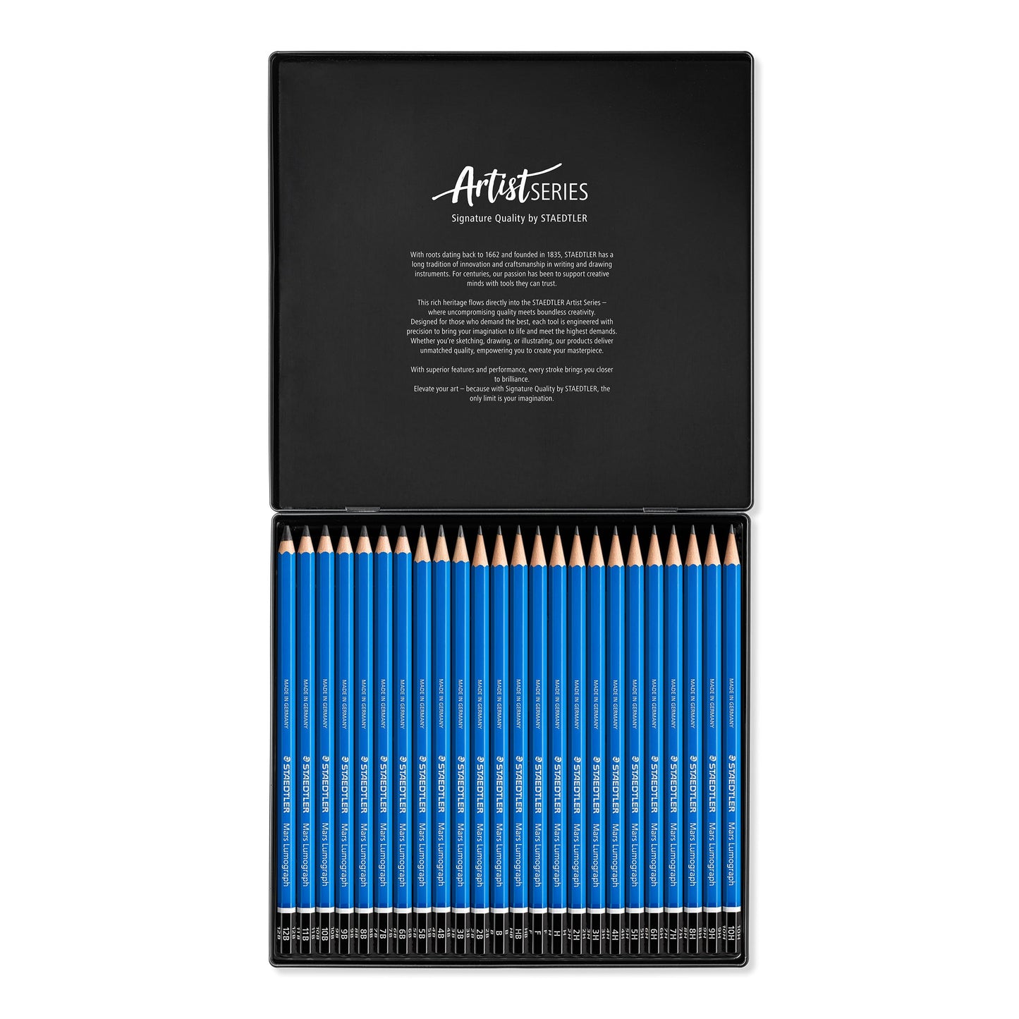 Staedtler Mars Lumograph Art Drawing Pencils, Graphite Pencils in Metal Case, Break-Resistant Bonded Lead, Grades 12B-10H, Set of 24