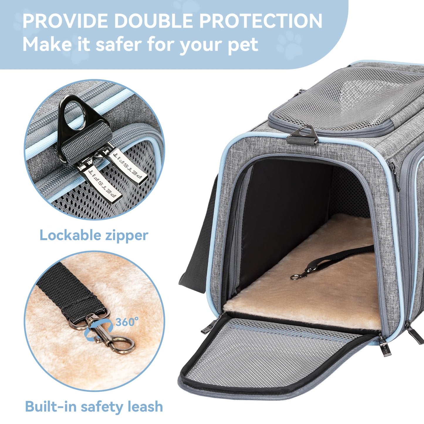Petsfit Expandable Cat Carrier Dog Carrier,Airline Approved Soft-Sided Portable Pet Travel Washable Carrier for Kittens,Puppies,Removable Soft Plush mat and Pockets,Locking Safety Zippers