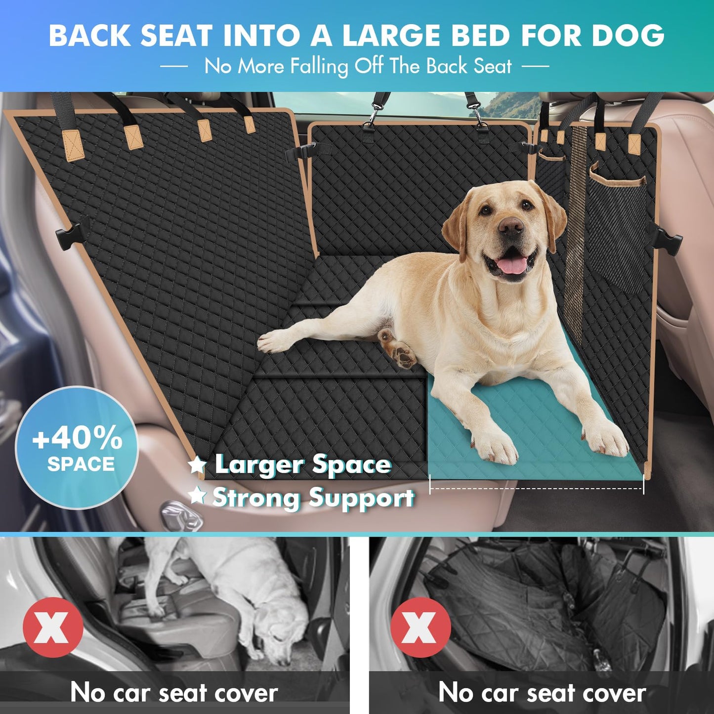 Reiseresa Dog Car Seat Cover for Back Seat with Hard Bottom, Back Seat Extender for Large Dogs Travel, Air Mattress Dog Hammock for Car SUV Truck, Quilted
