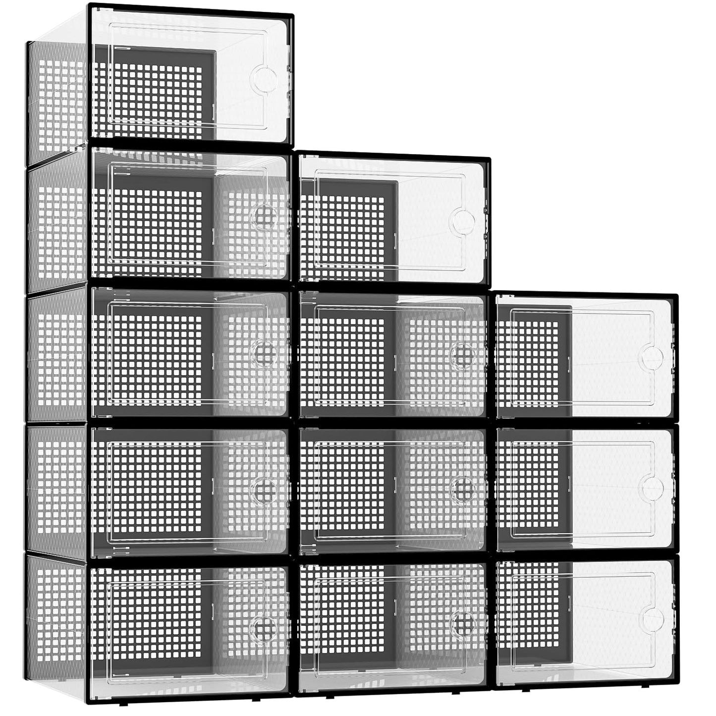 Kuject XX-Large Shoe Storage Boxes Organizers Fit Up to Size 14, Clear Plastic Stackable 12 Pack, Shoe Rack & Holder Substitute, Sneaker Containers, Toy Storage Bins for Entryway, Closet, Black