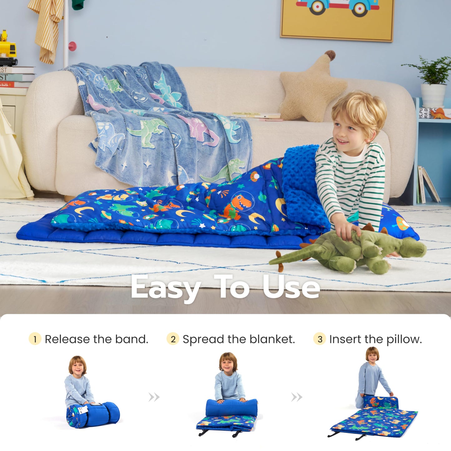 JOIEDOMI Toddler Sleeping Bag for Kids 55''x30'' Nap Mat with Removable Pillow and Minky Blanket for Toddler Ages 3-7 Roll Up Kids Sleeping Bag for Boys Girls Kindergarten Daycare Sleepover Dinosaur