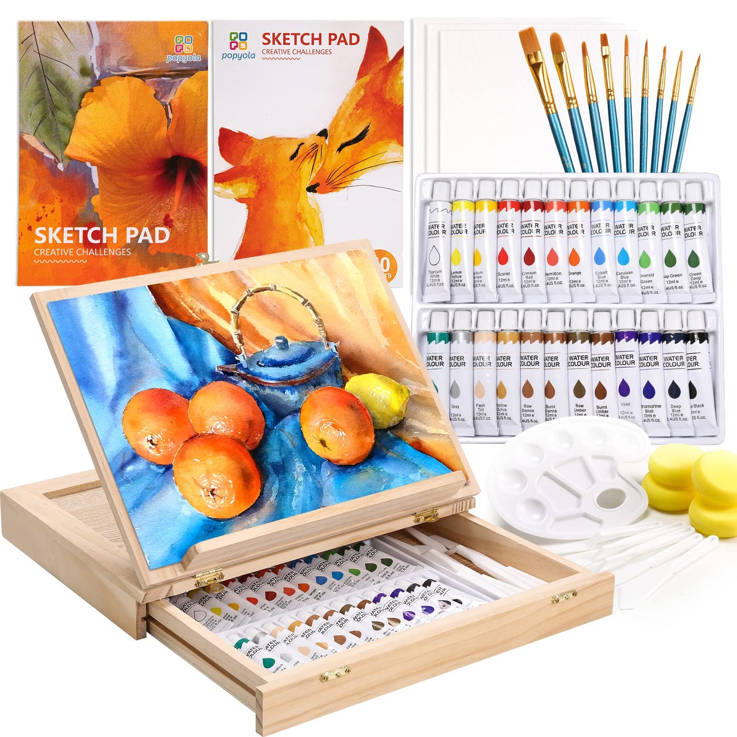 Paint Set, 49-Piece Watercolor Painting Kit with Wooden Tabletop Easel, Includes Watercolor Paints, Brushes, Palette, Canvas Panels and Painting Pads, for Beginners Professionals Hobbyists
