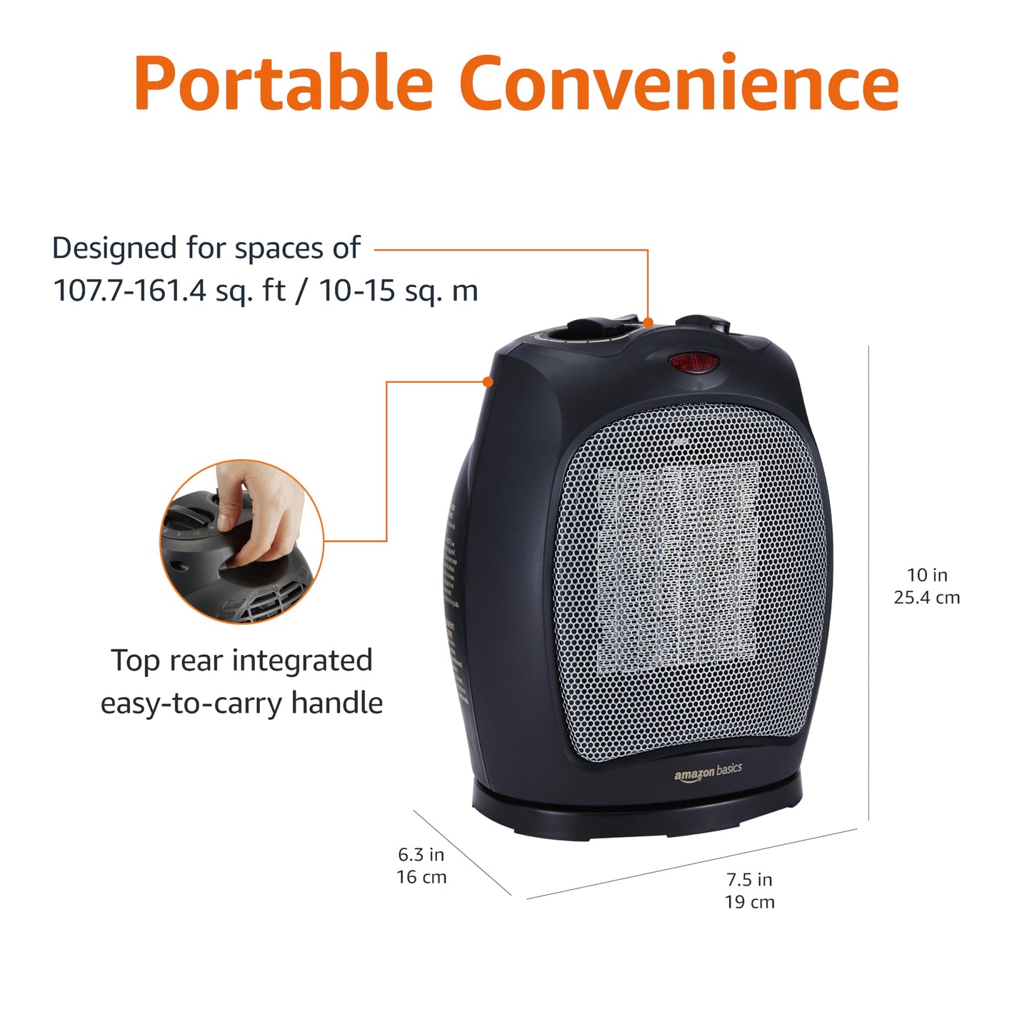 Amazon Basics Oscillating Ceramic Space Heater, Portable Heater for Indoor Use, for Office and Home, With Overheat and Tip-Over Protection, Thermostat, 1500W, Black, 7.52"D x 6.34"W x 9.45"H